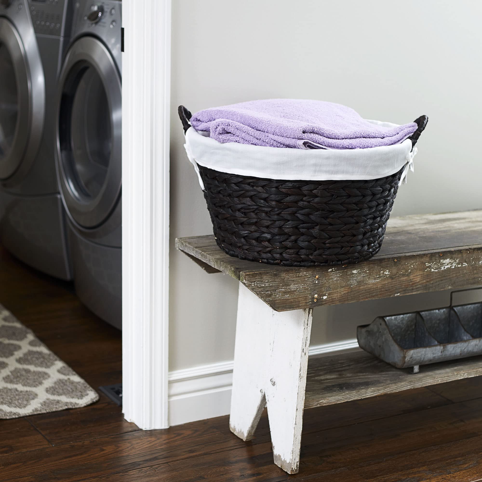Household Essentials Round Wicker Laundry Basket with Handles  Whimsical Water Hyacinth Basket  Supportive Metal Frame  Removable Polyester Liner  Handwoven  Well-Structured and Versatile  Brown Large