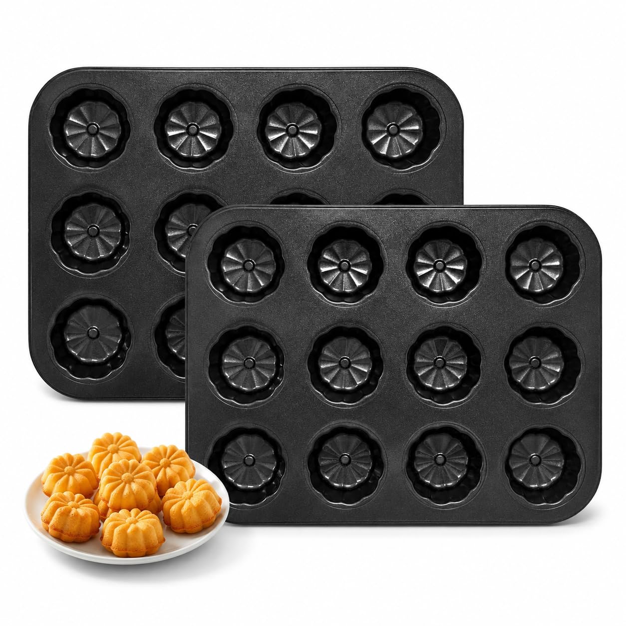 COSYOO 2 PCS Mini Cake Pans, 12 Cavity Nonstick Carbon Steel Baking Pan, Daisy Flower Shape Flower Baking Mold for Muffins Brown