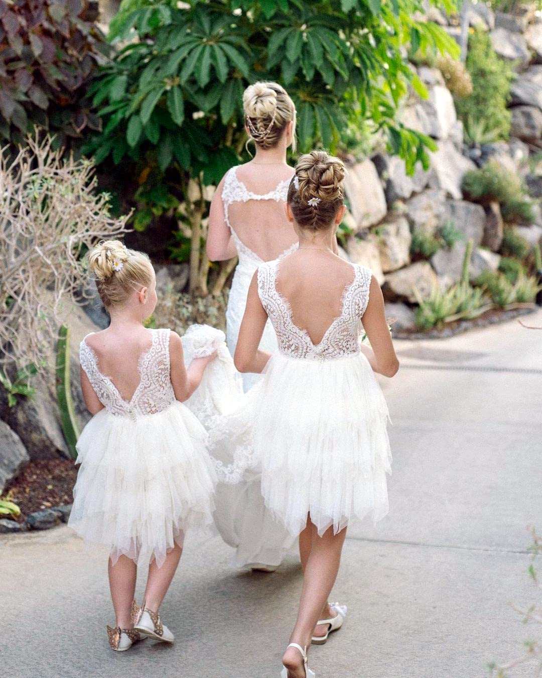 2Bunnies Girl Beaded Peony Lace Back A-Line Tiered Tutu Tulle Flower Girl Dress (White Short Sleeveless, 3T)
