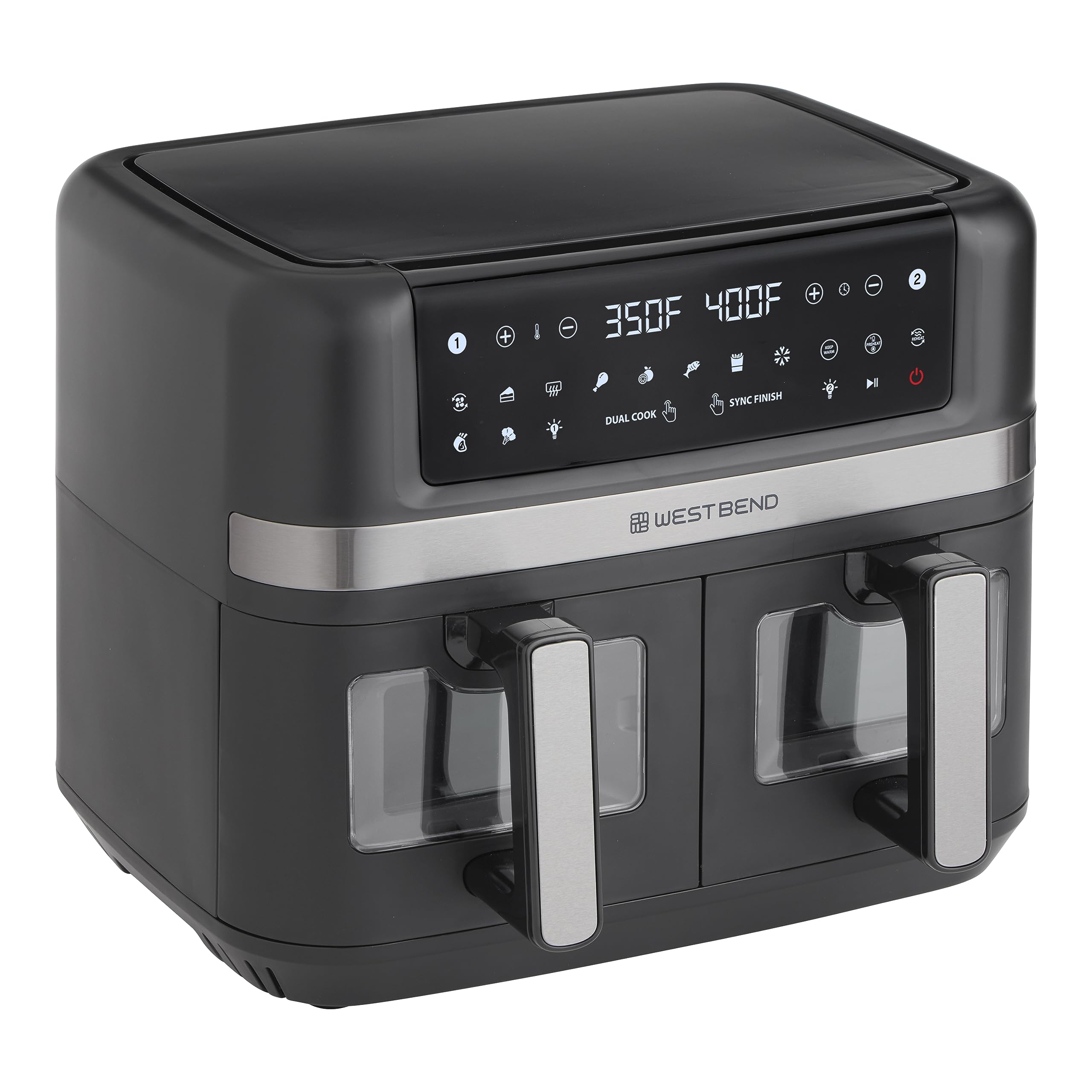 West Bend Air Fryer Dual Basket 10-Quart Capacity with Digital Controls View Windows and 15 Cooking Presets, Nonstick Frying Bas