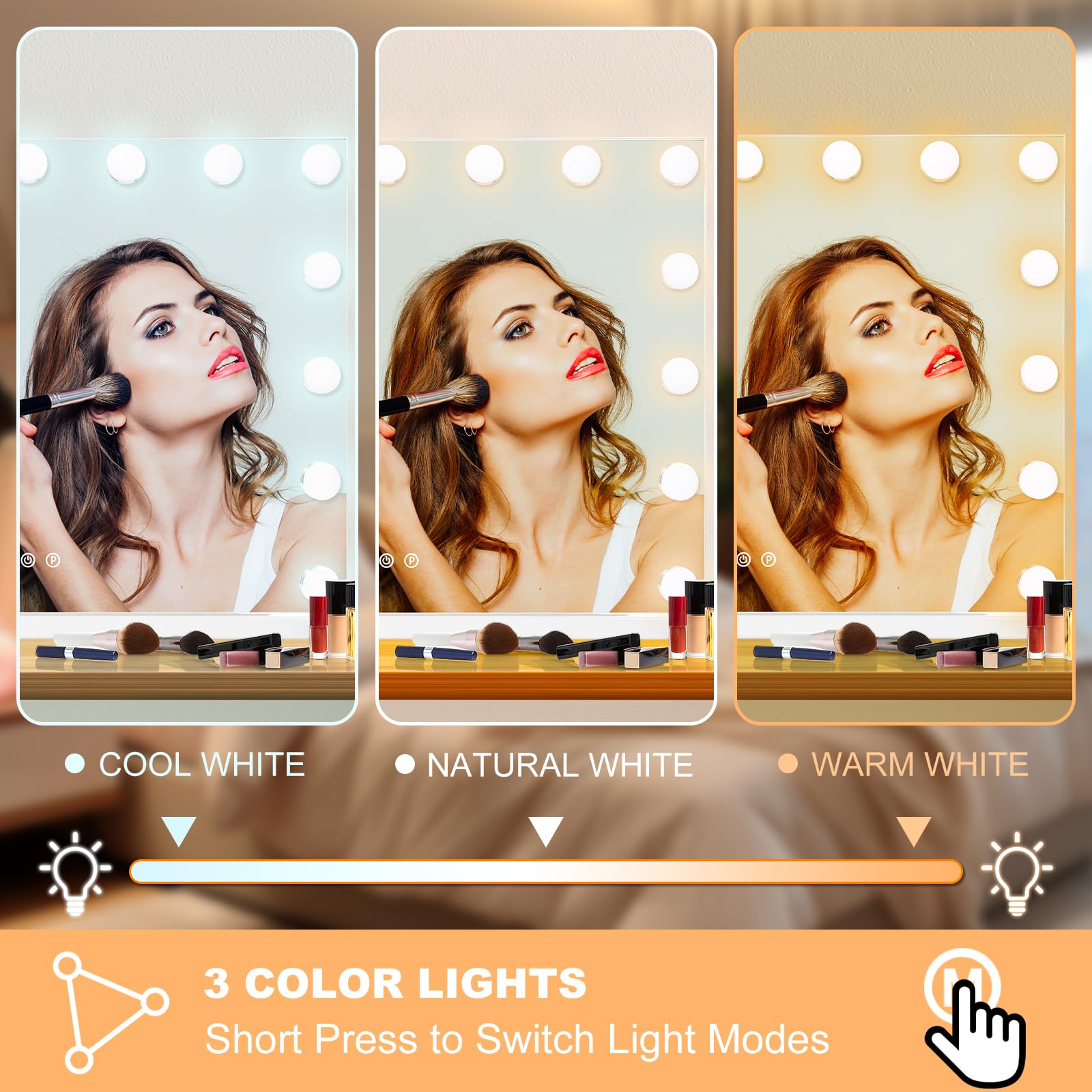 Moonee Hollywood Vanity Mirror With Lights,Makeup Mirror With 15 Dimmable Bulbs And 10X Magnification,3 Colors Modes,Aluminum Me
