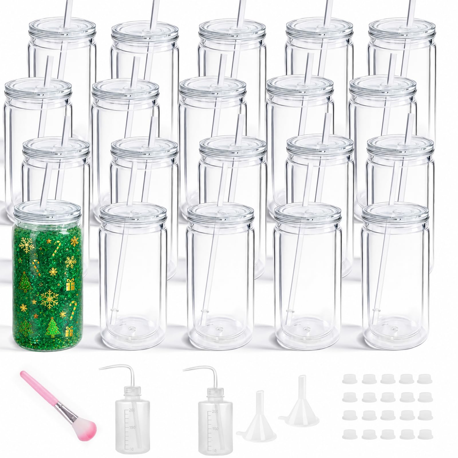 Acrylic Snowglobe Tumbler 16oz Double Wall Clear Cup with Lid & Straws