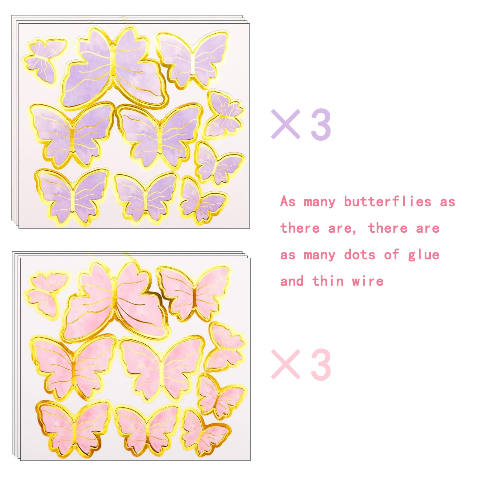 60Pcs Pink Purple Gold Butterfly Cake Toppers, 3D Cupcake Toppers Happy Birthday Metal Gold Topper For Girls Women'S Party Decor