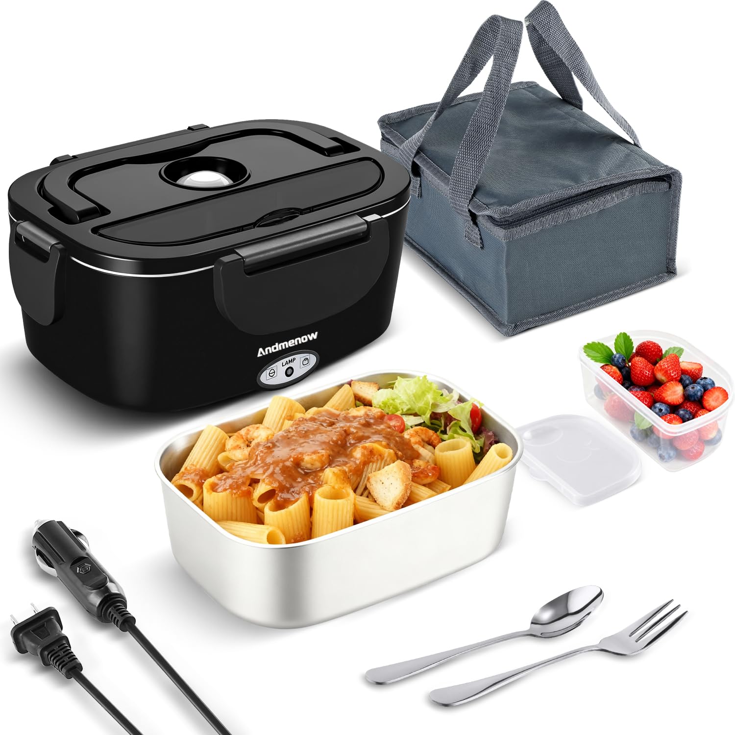 Andmenow Portable Electric Lunch Box, 33 Ounce Food Warmer Cooker,12/24/110V Upgraded Heated Lunch Box for Car/Truck/Office Idea