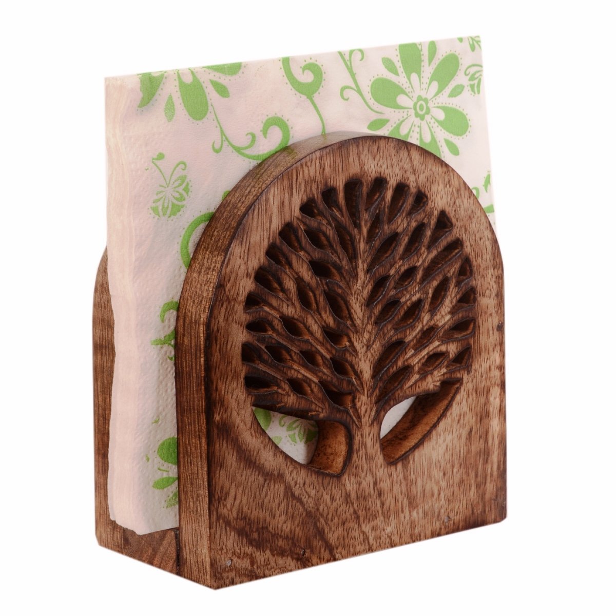 Purpledip Wooden Tissues Holder Napkin Organizer 'Tree Of Life' ; Kitchen Dining Accessory (11068)