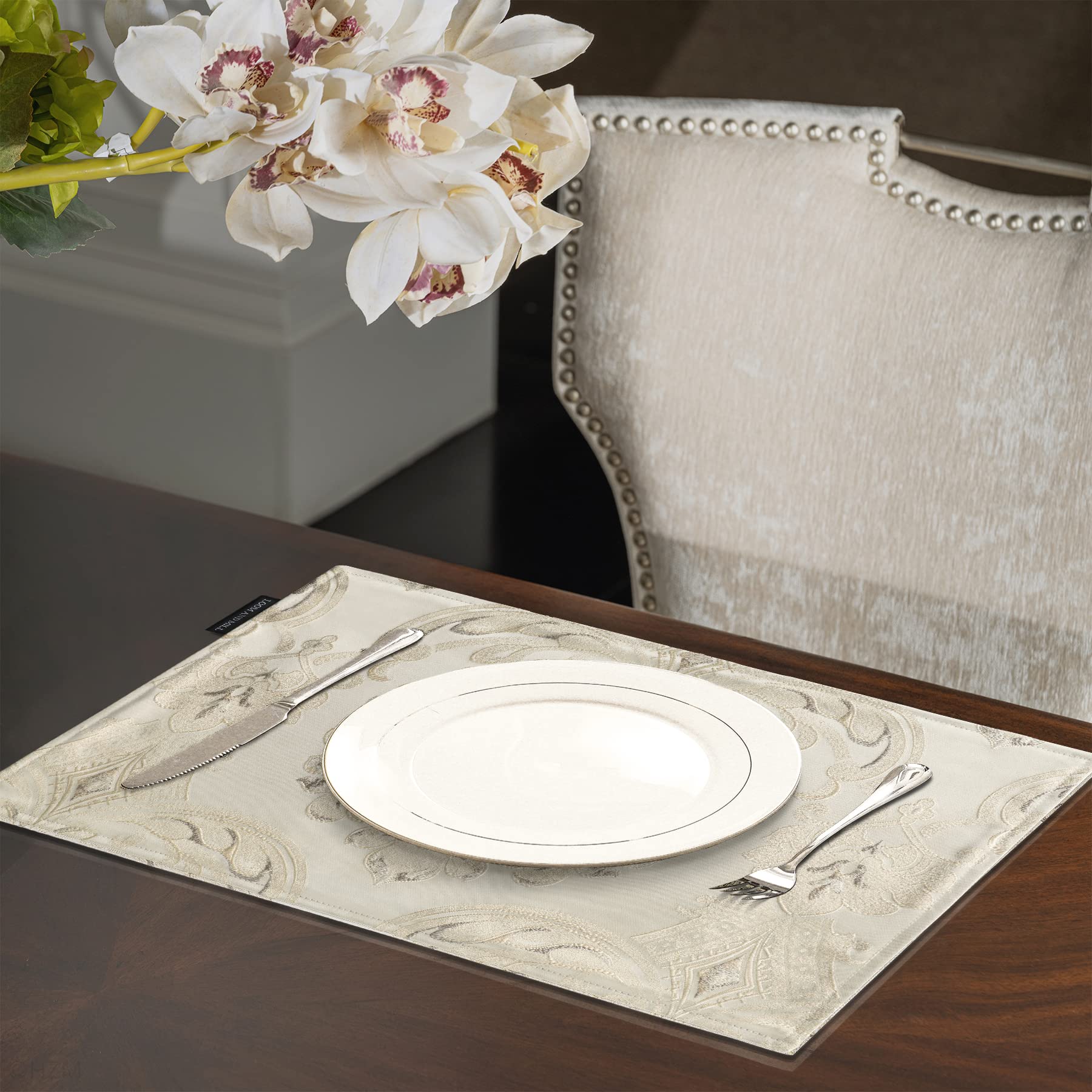 Loom And Mill Luxury Damask Placemats Set Of 6, Floral Jacquard Table Place Mats For Dining Table Kitchen Room Thanksgiving Chri