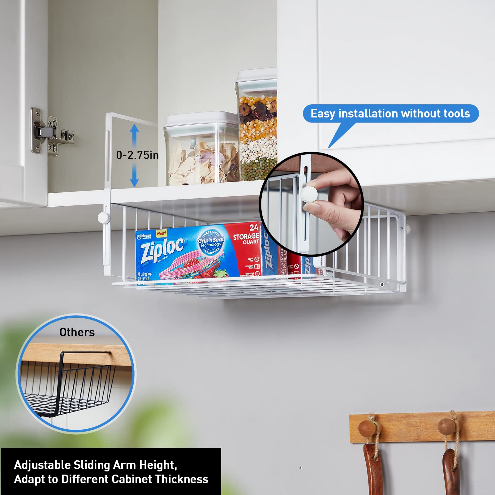 Amonhouseware 2 Pack Hanging Under Shelf Storage Basket,Adjustable Under Cabinet Add-On Storage Racks Slide-In Baskets Organizer
