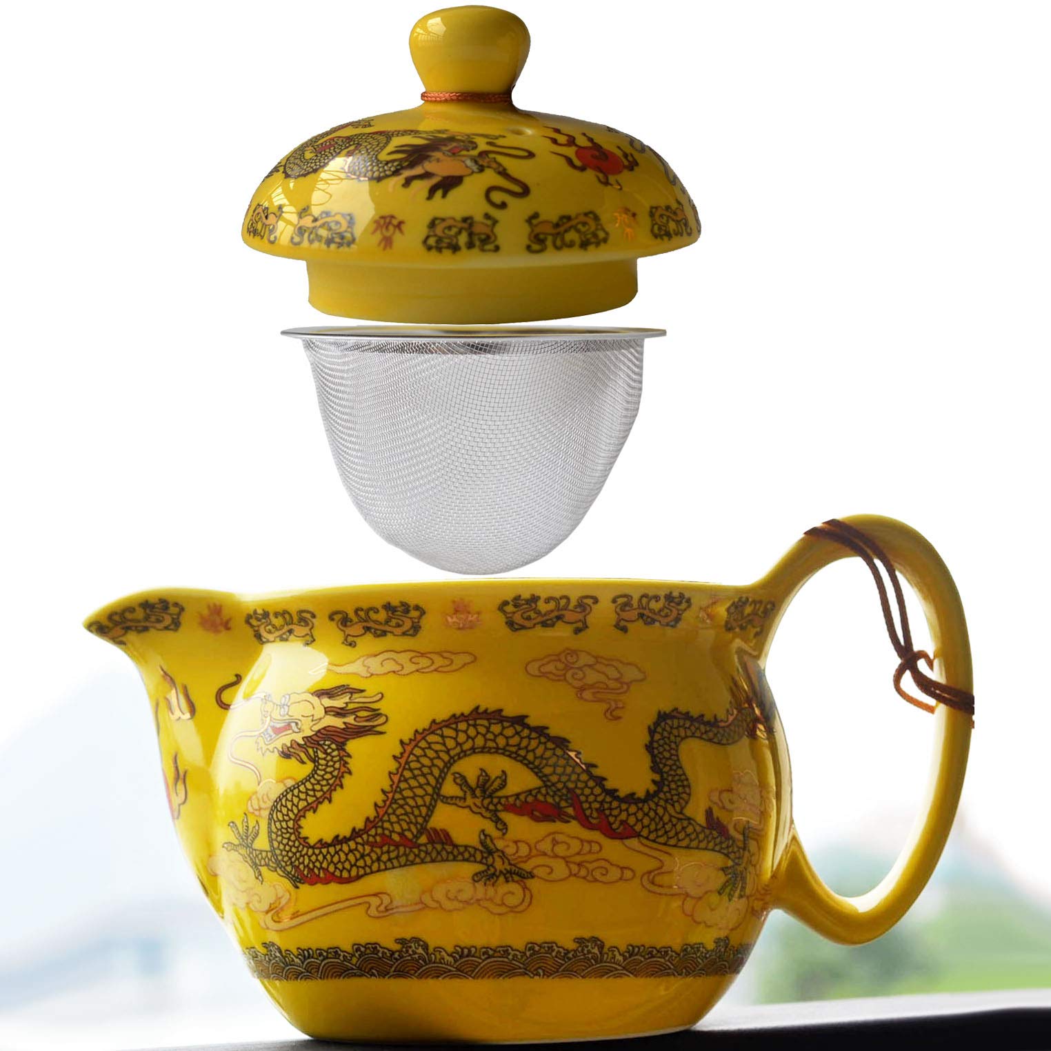 Yxhupot Teapot China Yellow Porcelain 12Oz Dragon Stainless Steel Filtration Infuser Loose Tea (Emperor Yellow)