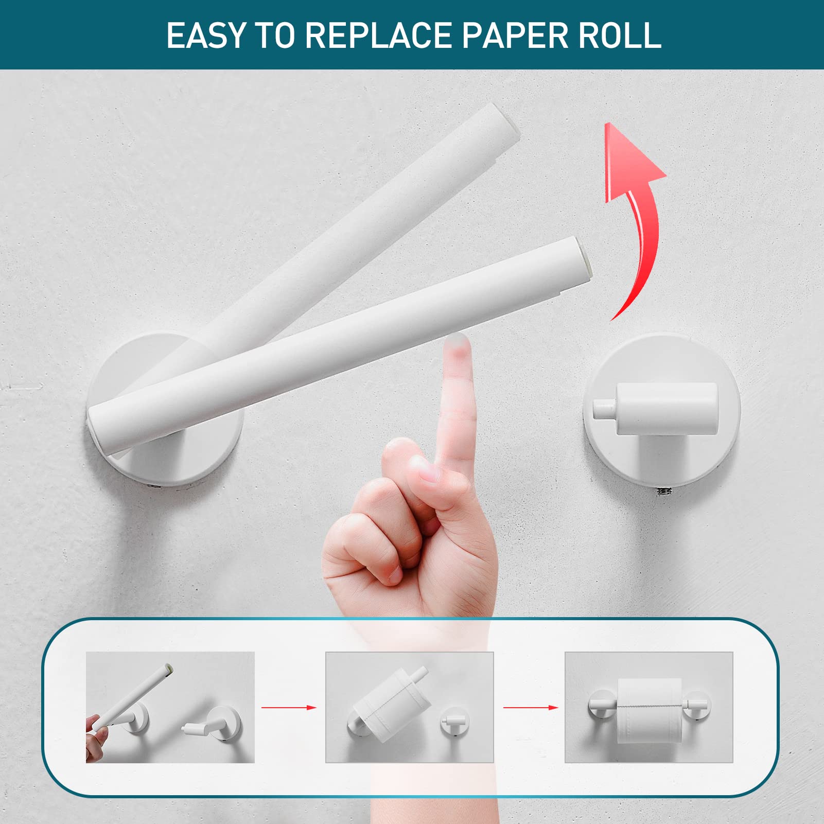 Pokim White Toilet Paper Holder Metal Bathroom Flexible Pivot Ceramic Jumbo Tissue Roll Holder On Wall Mounted, Sus 304 Stainles