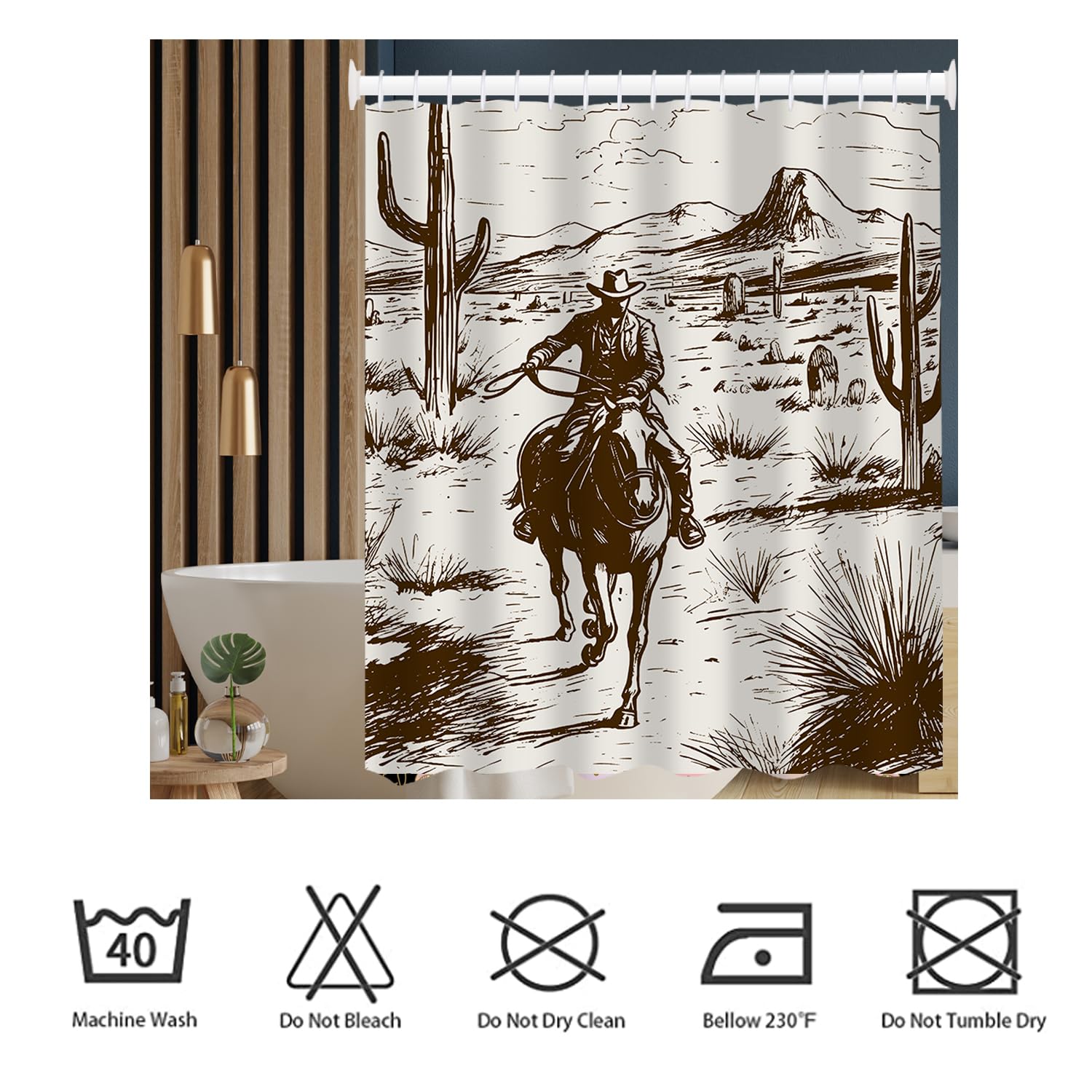 She Love Shower Curtain, 72x72 Inch Waterproof Polyester, Retro Cowboy Design, Cactus & Horse, Farmhouse Style