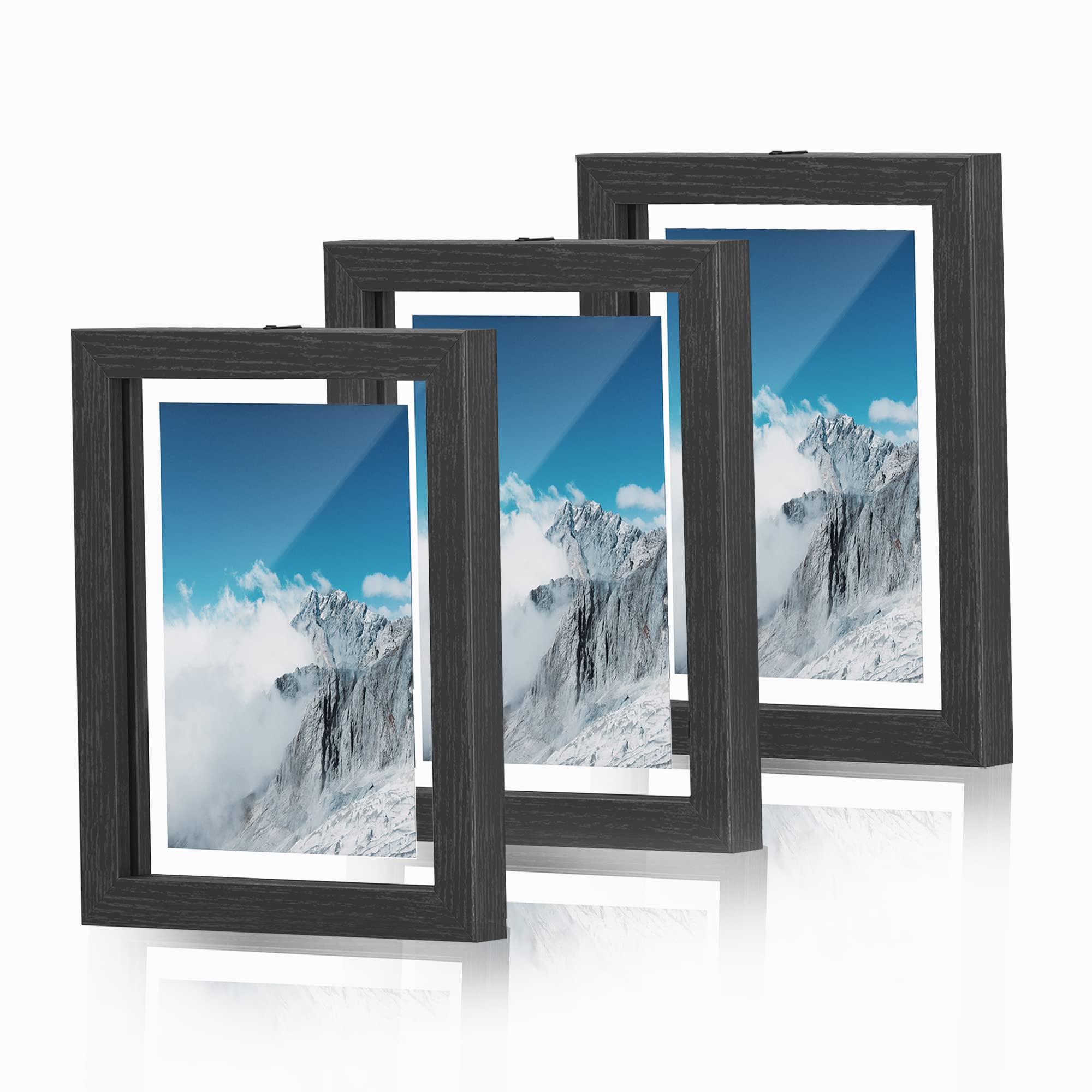 SONGMICS Picture Frames, Set of 3 Floating Photo Frames for 4 x 6, 5 x 7, 6 x 8 Inch Pictures, with Double Glass, for Tabletop D