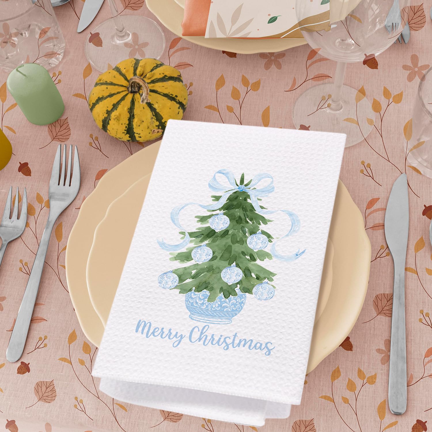 Spbl&L Light Blue Chinoiserie Christmas Kitchen Towels, Light Blue Bow Christmas Hand Towels For Bathroom, Chinoiserie Decor,Mer