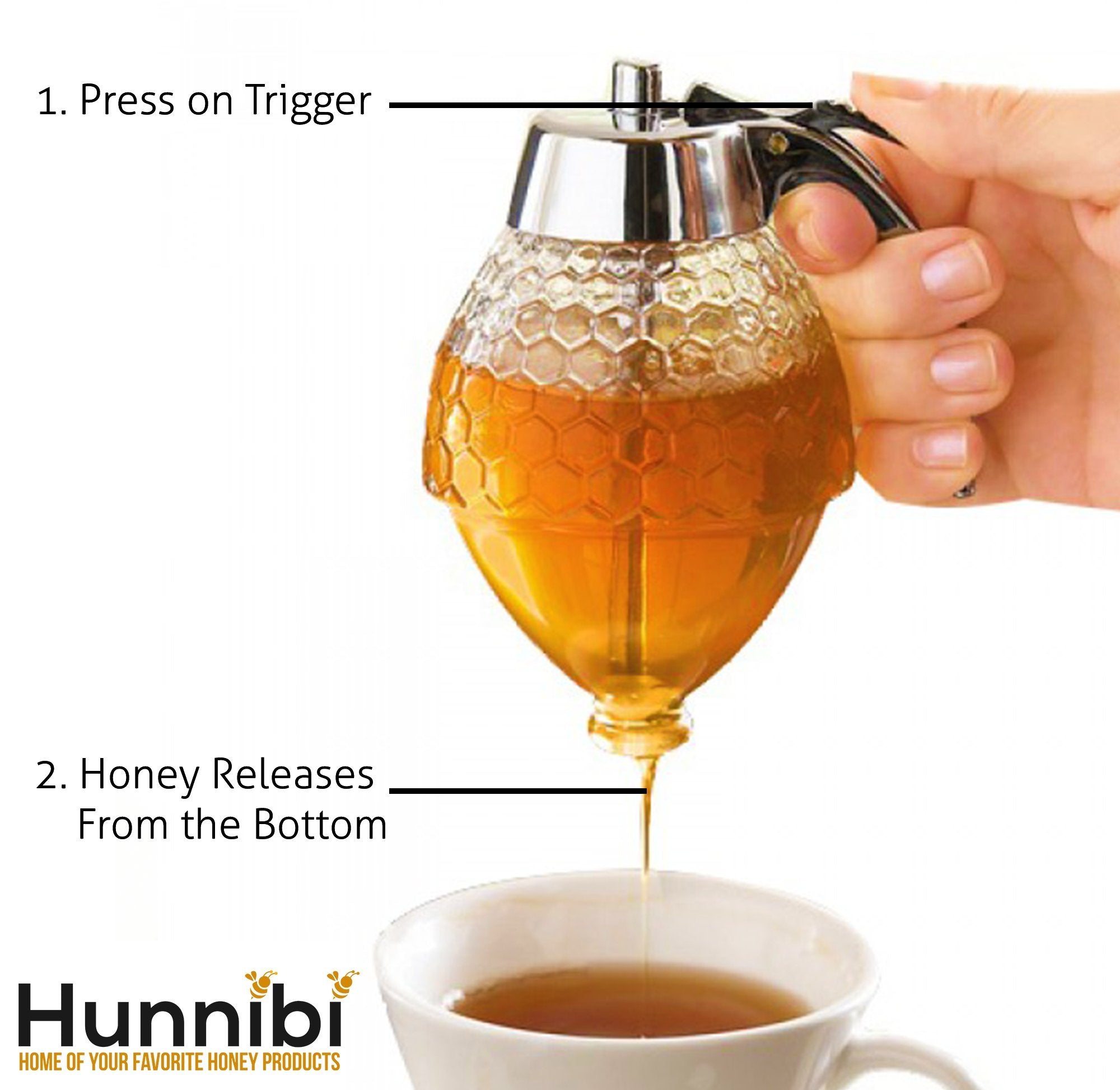 Hunnibi No Drip Glass Honey Dispenser - Beautiful Honeycomb Shaped Pot And Maple Syrup Dispenser - Great Bee Decor And Stand - H