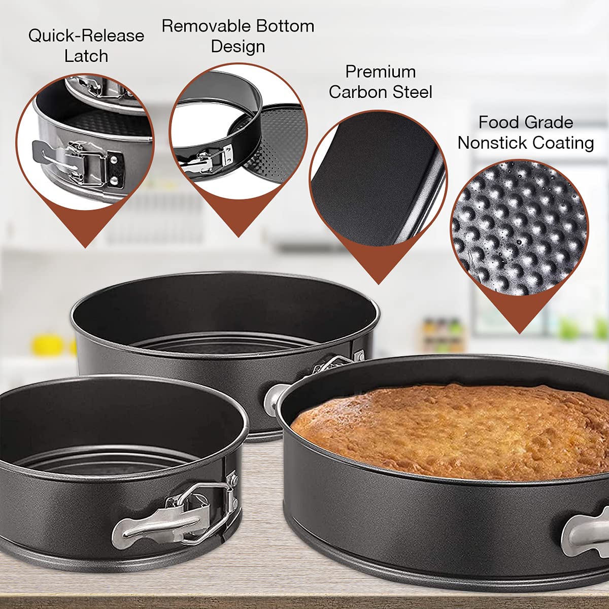 Meeqee Springform Pan Set Of 3 Pieces 6/7.5/9 Inches Nonstick Cake Pan Bakeware Set Cake Mold With Removable Bottom