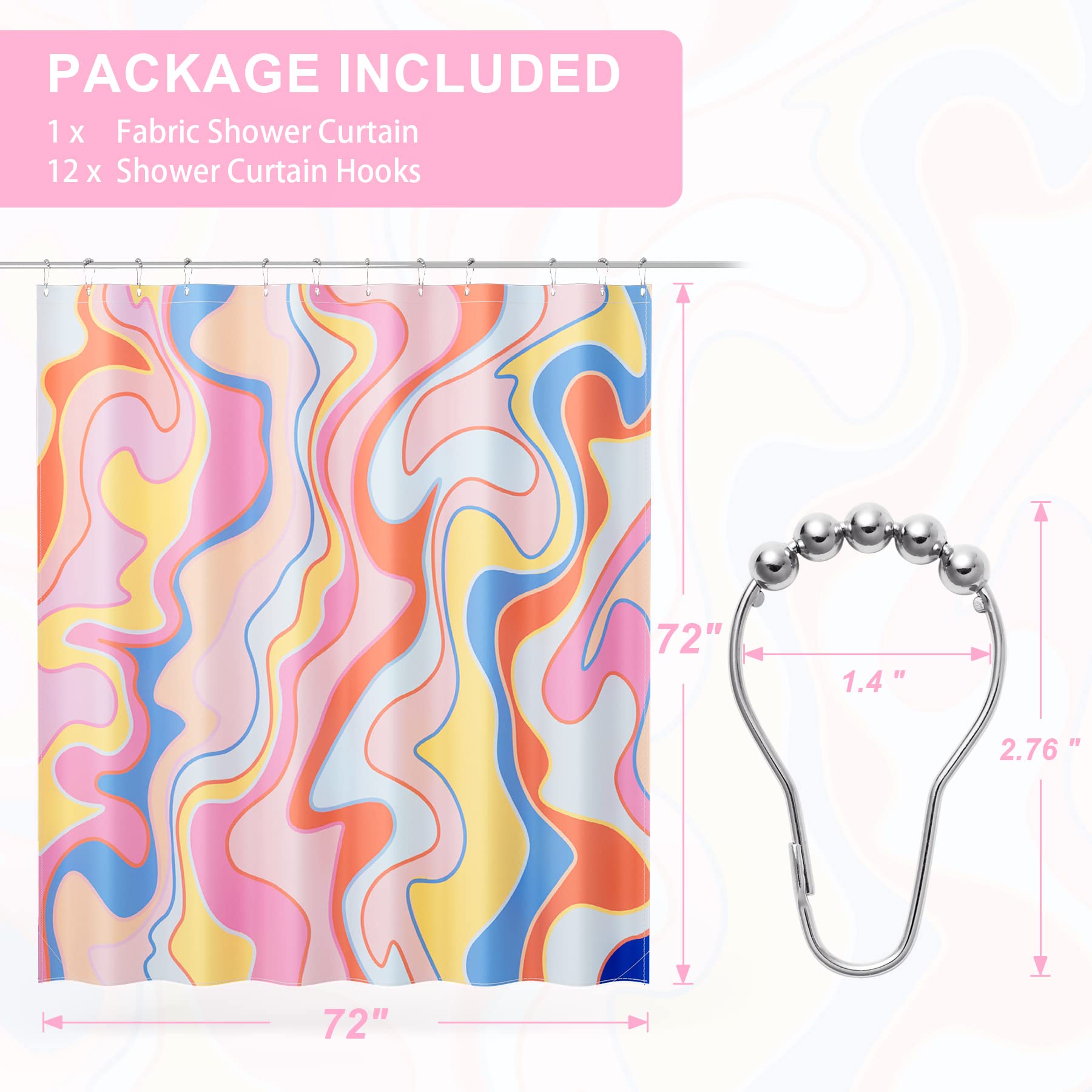 Amazerbath Shower Curtain, Abstract Pink Cloth Shower Curtain Sets With 12 Shower Curtain Hooks, Rustic Colorful Fabric Shower C