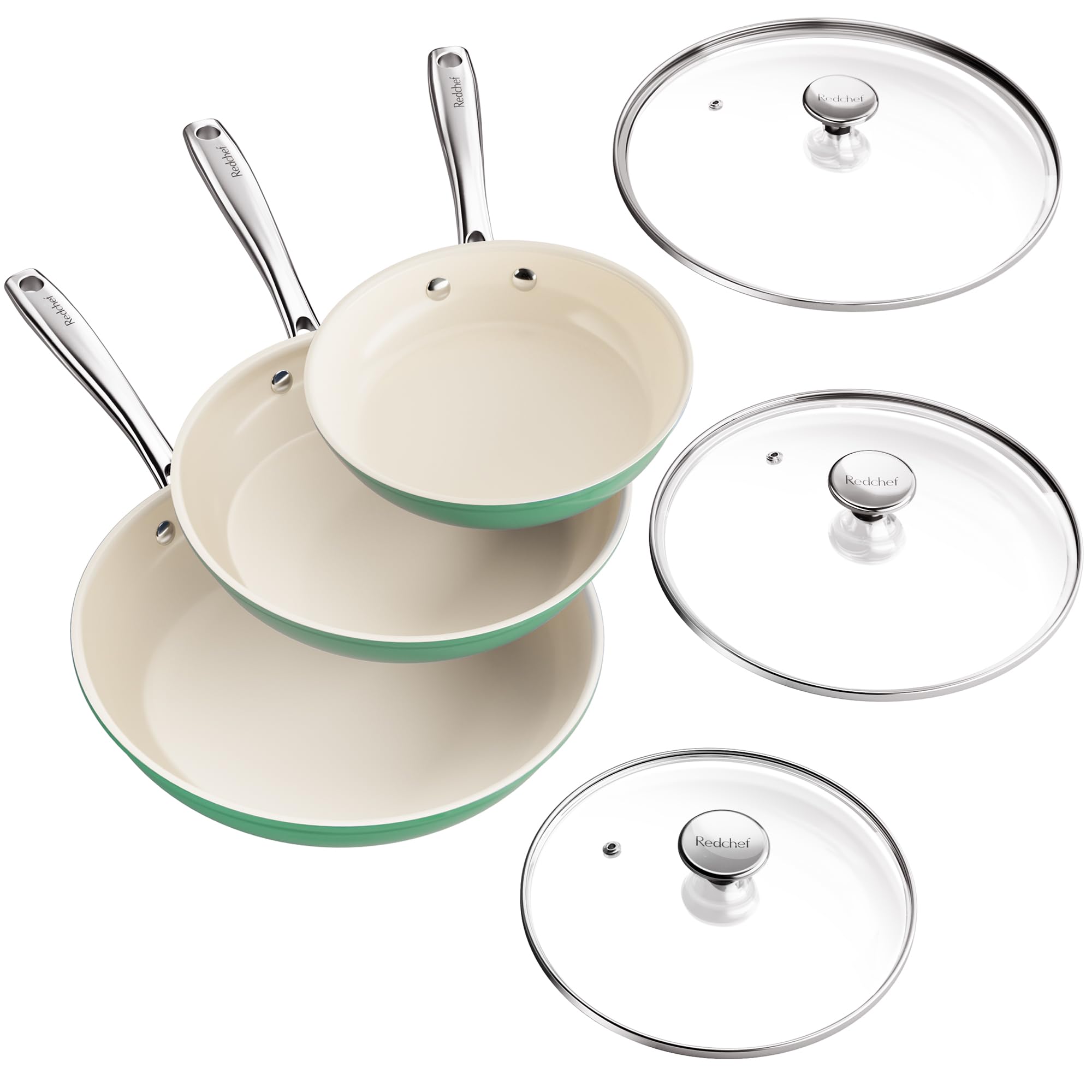 Redchef Nonstick 6Piece Fry Pan Set, 8, 9.5, And 11 Inch Frying Pans With Tempered Glass Lids, StayCool Handles, Dishwasher & 