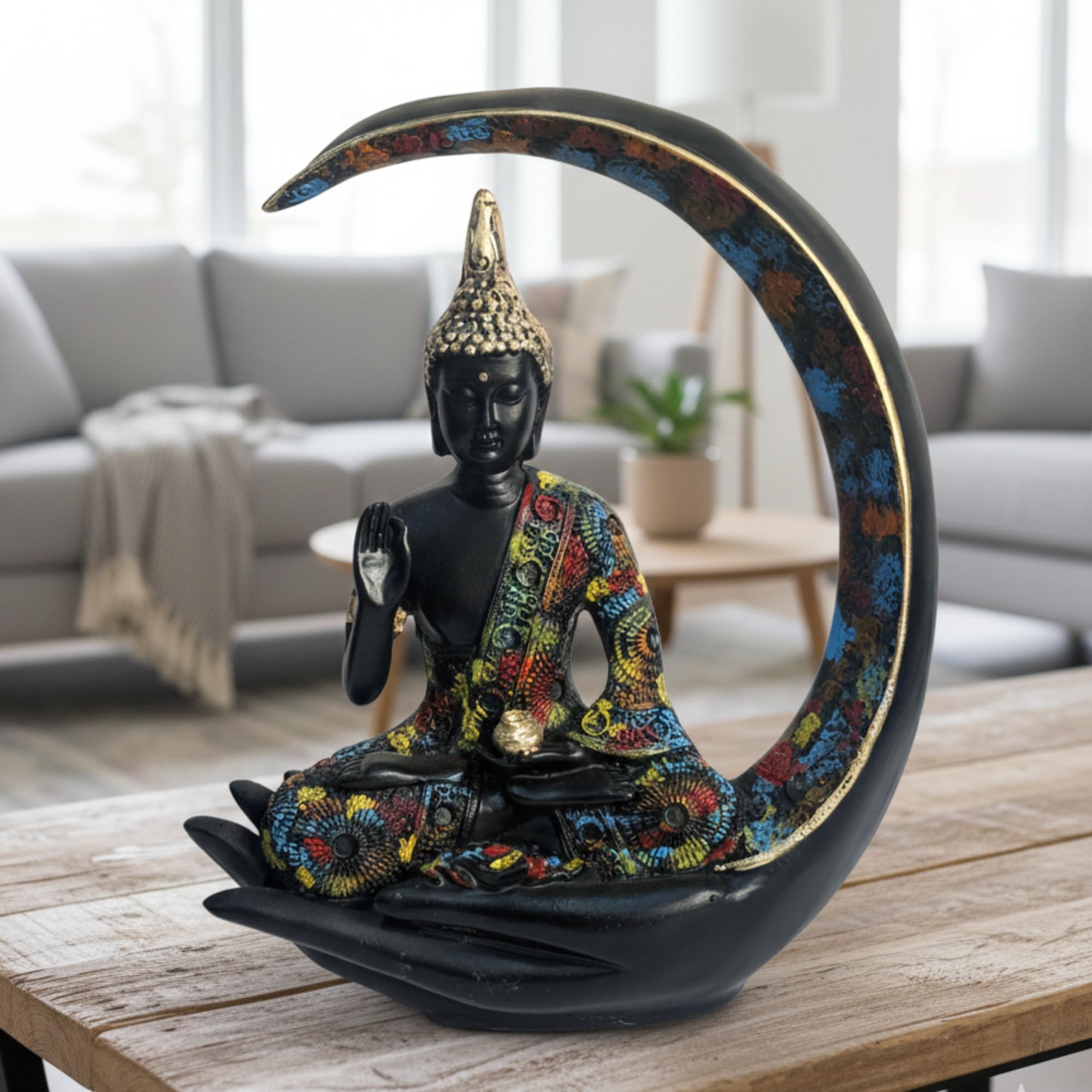 Ecraftindia Multicolor Resin Blessing Buddha Statue Sitting On Half Moon Palm | Lord Buddha Idol For Home Decor Living Room Offi