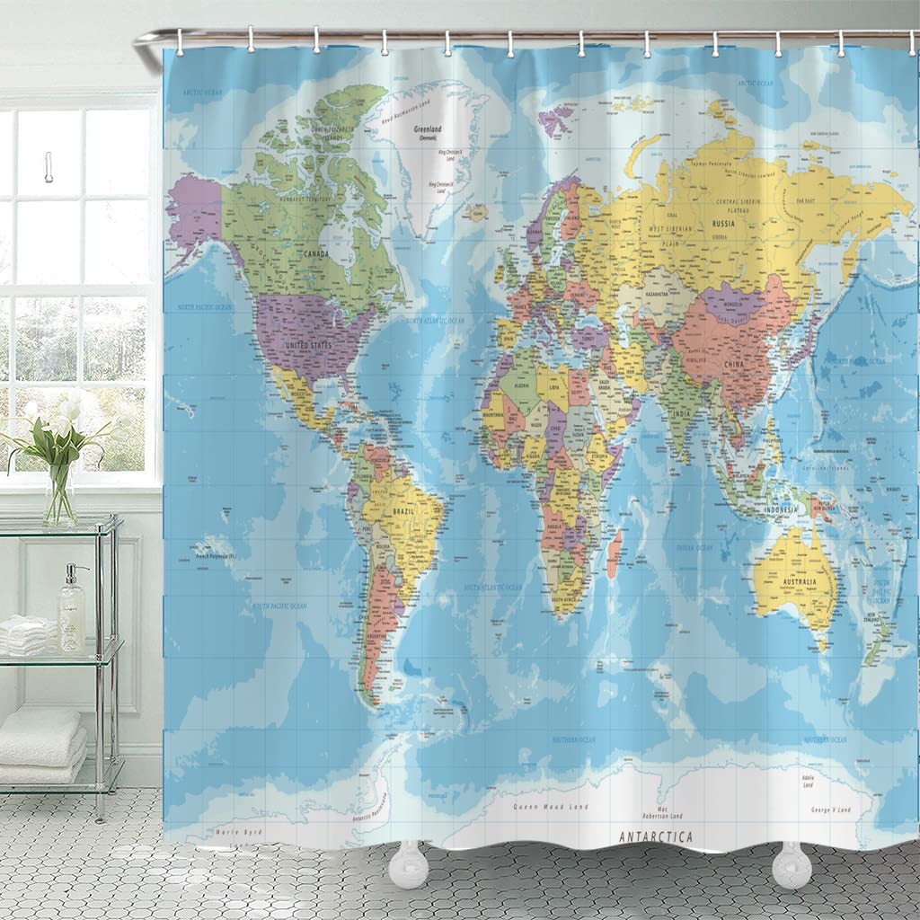 Tomoz World Map Shower Curtain, Countries And Cities Shower Curtains, Geography Educational Fabric Bathroom Shower Curtain With