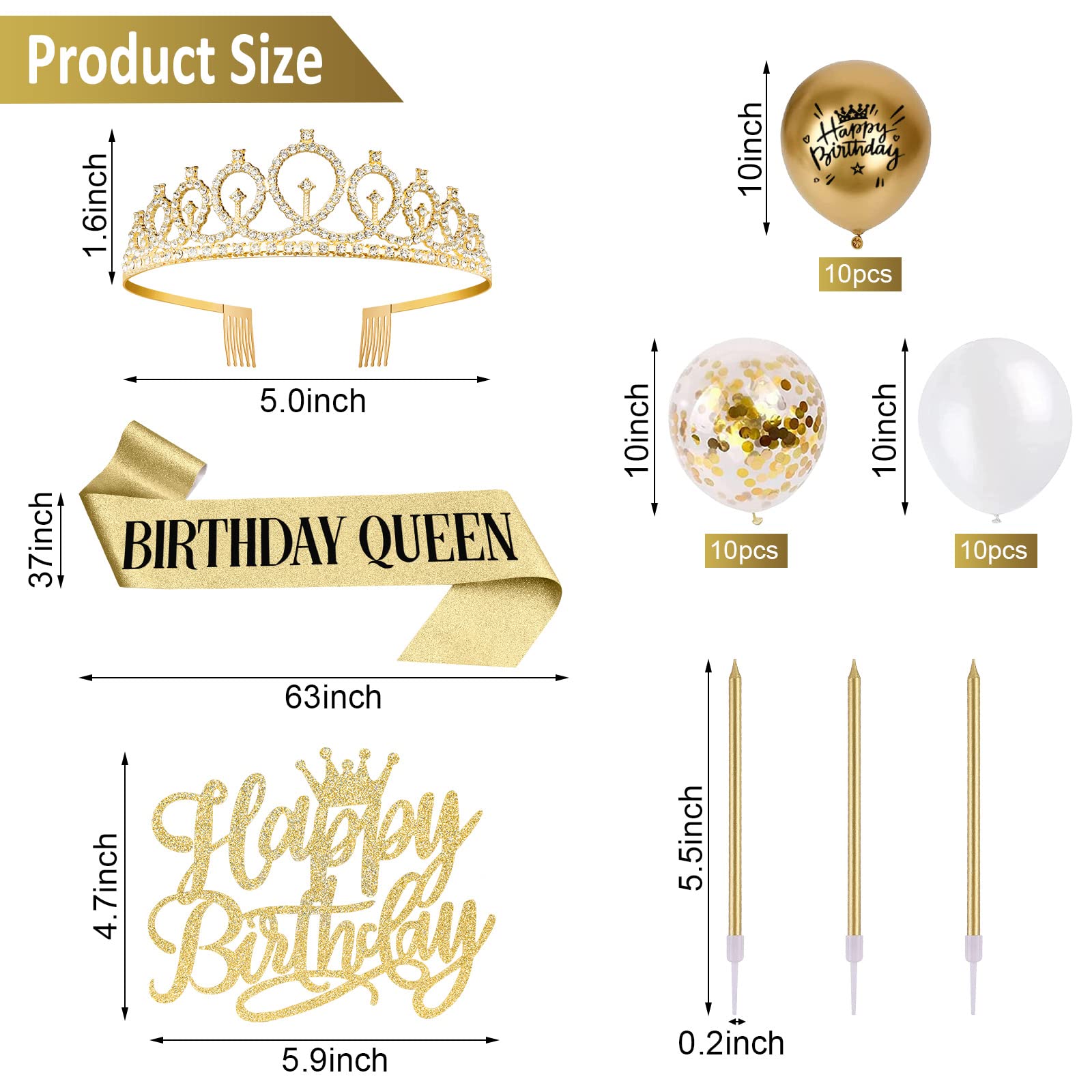 36PCS Birthday Decorations for Women Including Queen Sash  Crown  Birthday Cake Toppers  Birthday candles and Balloons. Birthday Sash and Tiara  Golden White Birthday Party Decorations Favors