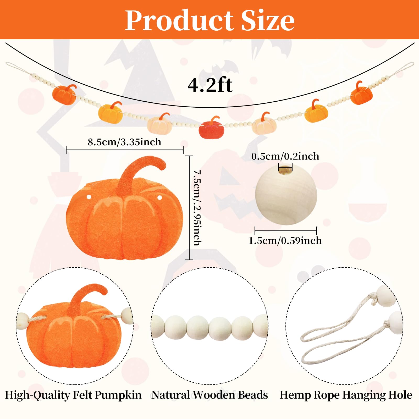 4.2 Ft Thanksgiving Day Wooden Beads Garland With Pumpkin Charms, Orange Autumn Theme Beaded Decor With Felt Pumpkin, Rustic Hal