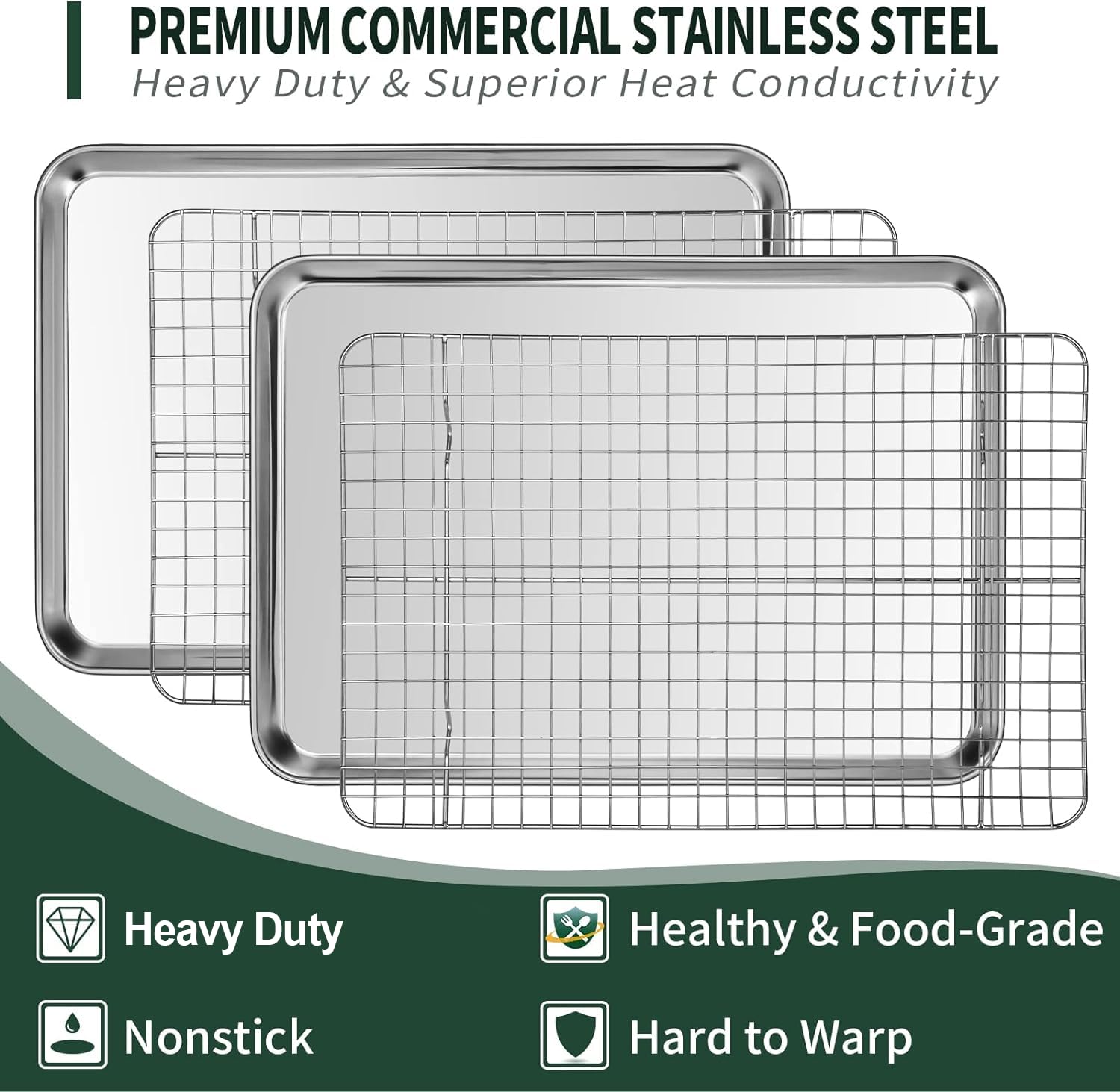 Half Sheet Pans With Rack Set [2 Pans + 2 Racks], Cekee Stainless Half Size Large Baking Sheets With Rack -18 Inch Baking Tray S