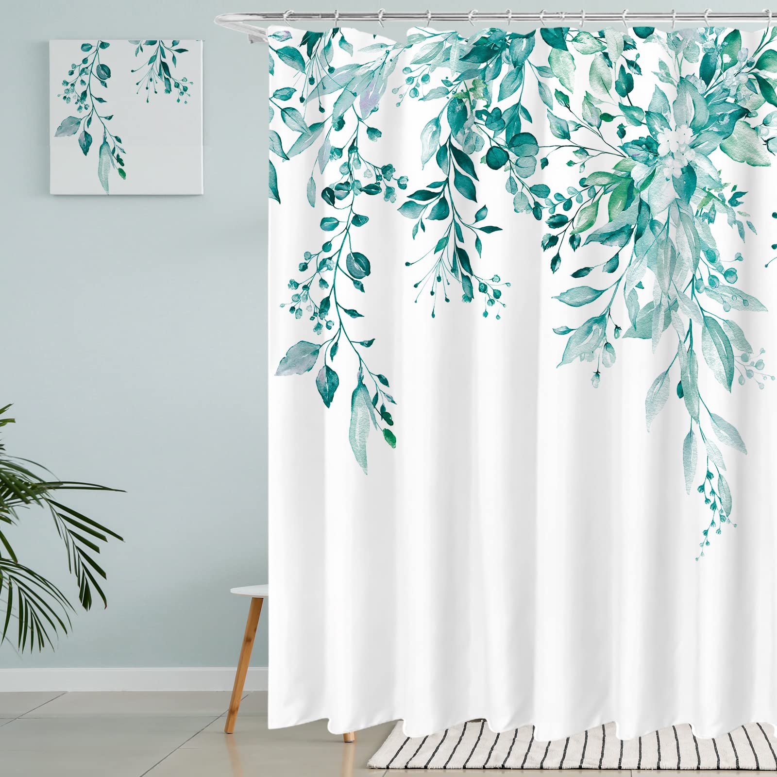 Tititex Teal Eucalyptus Shower Curtain Sets, Watercolor Turquoise Leaves On The Top Plant With Floral Bathroom Decoration 72X84