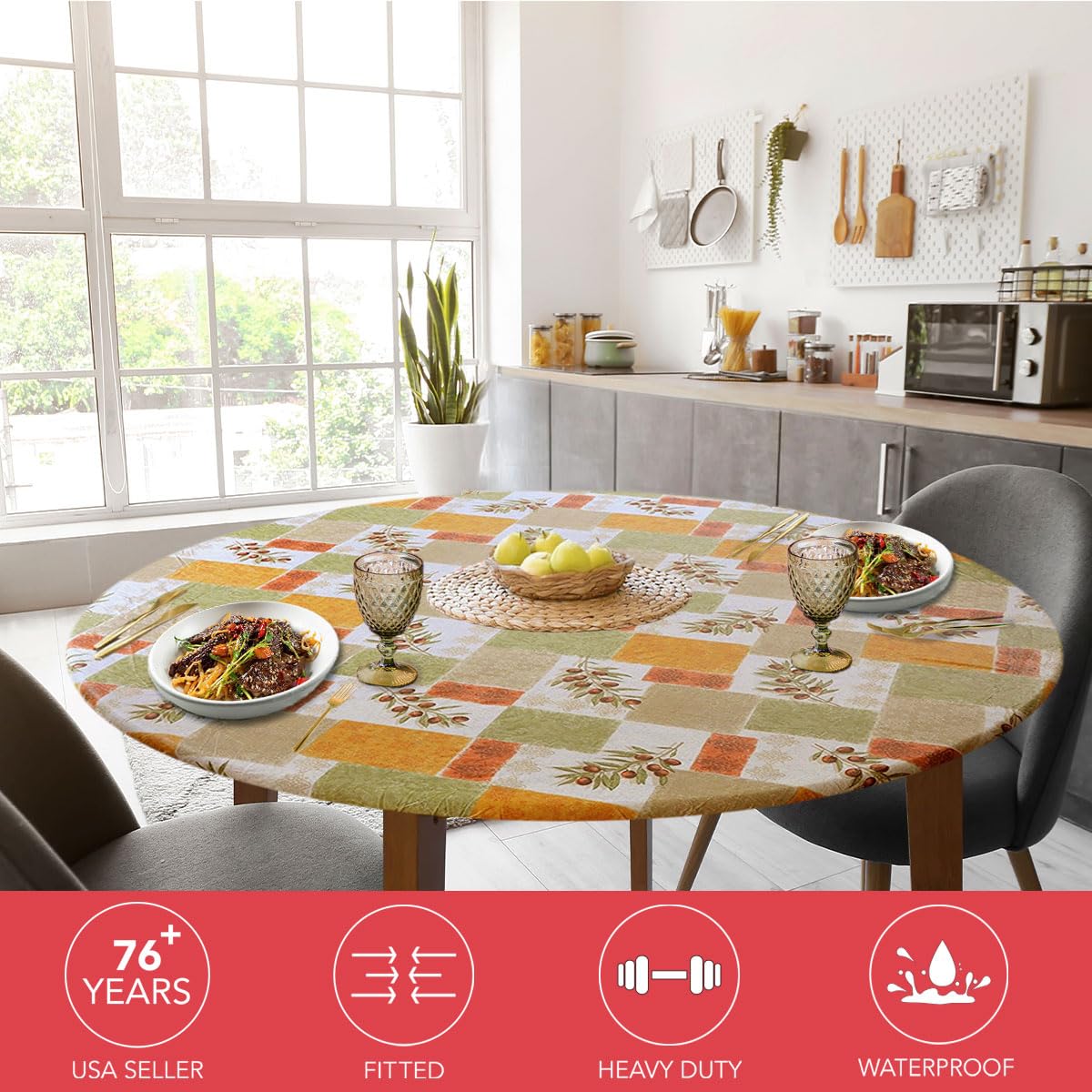 Covers For The Home Deluxe Elastic Edged Flannel Backed Vinyl Fitted Table Cover - Olive Patch Pattern - Small Round Oblong Oval