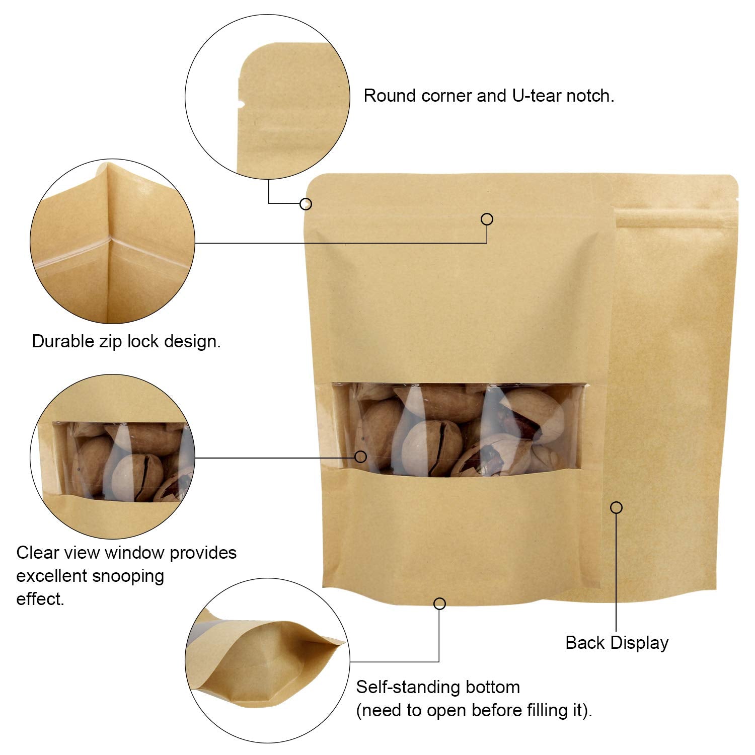 Blisstime 50 Pack Kraft Stand Up Zip Lock Pouch Bags, Resealable Bag With Transparent Window And Tear Notch For Multipurpose Sto