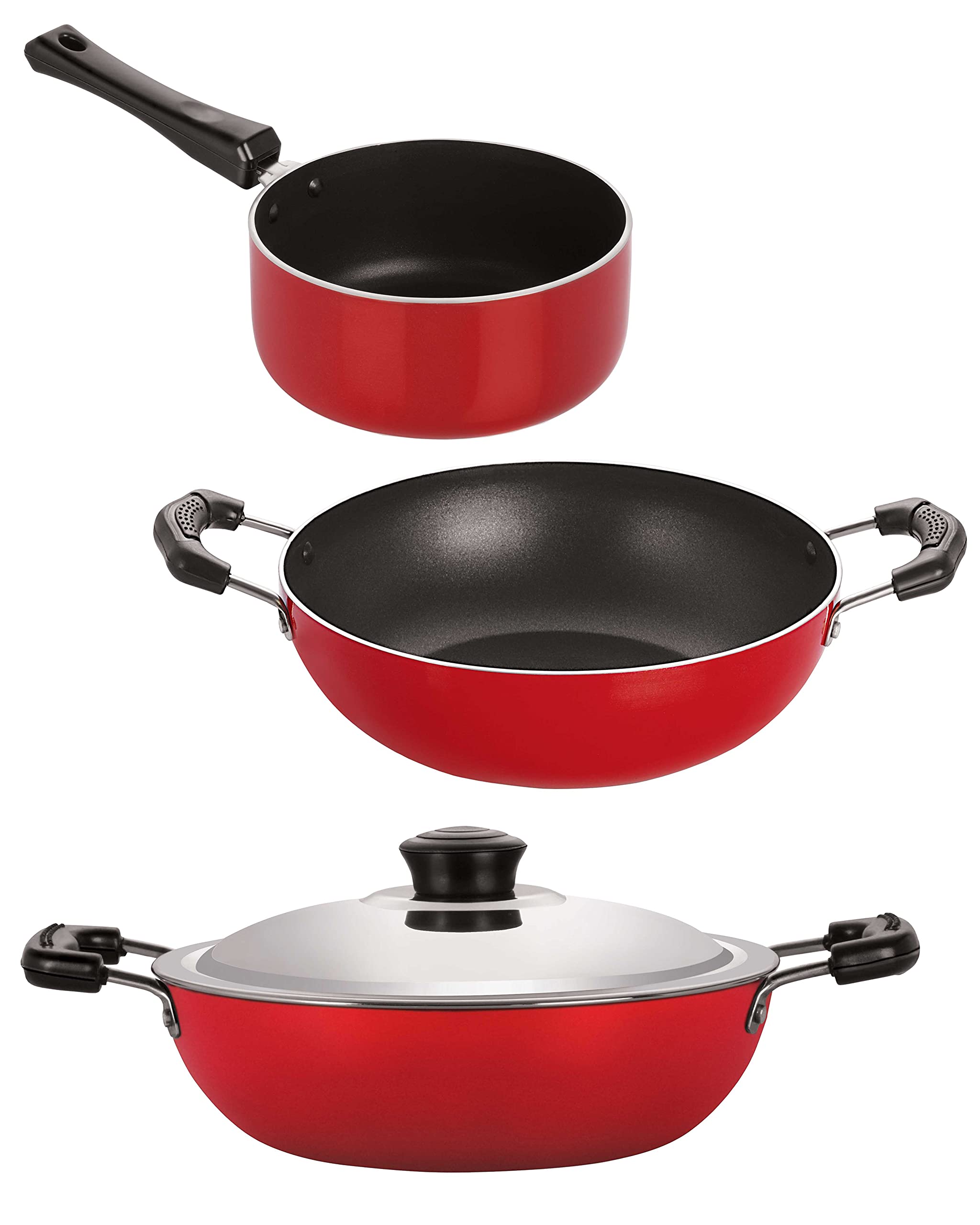 Special Cooking Pots And Pans NonStick Cookware Set 3Pieces Kadai 1.5 Liter, Deep Kadai With Lid 2.2 Liter, Milk Pan 1.8 Liter