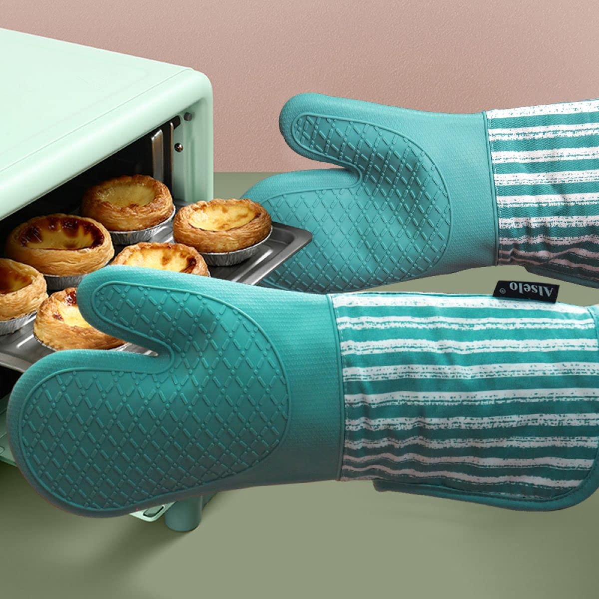 Alselo Silicone Oven Mitts Heat Resistant 932? With Waterproof & Non-Slip Kitchen Mittens, Set Of 2 Extra Long Oven Gloves With