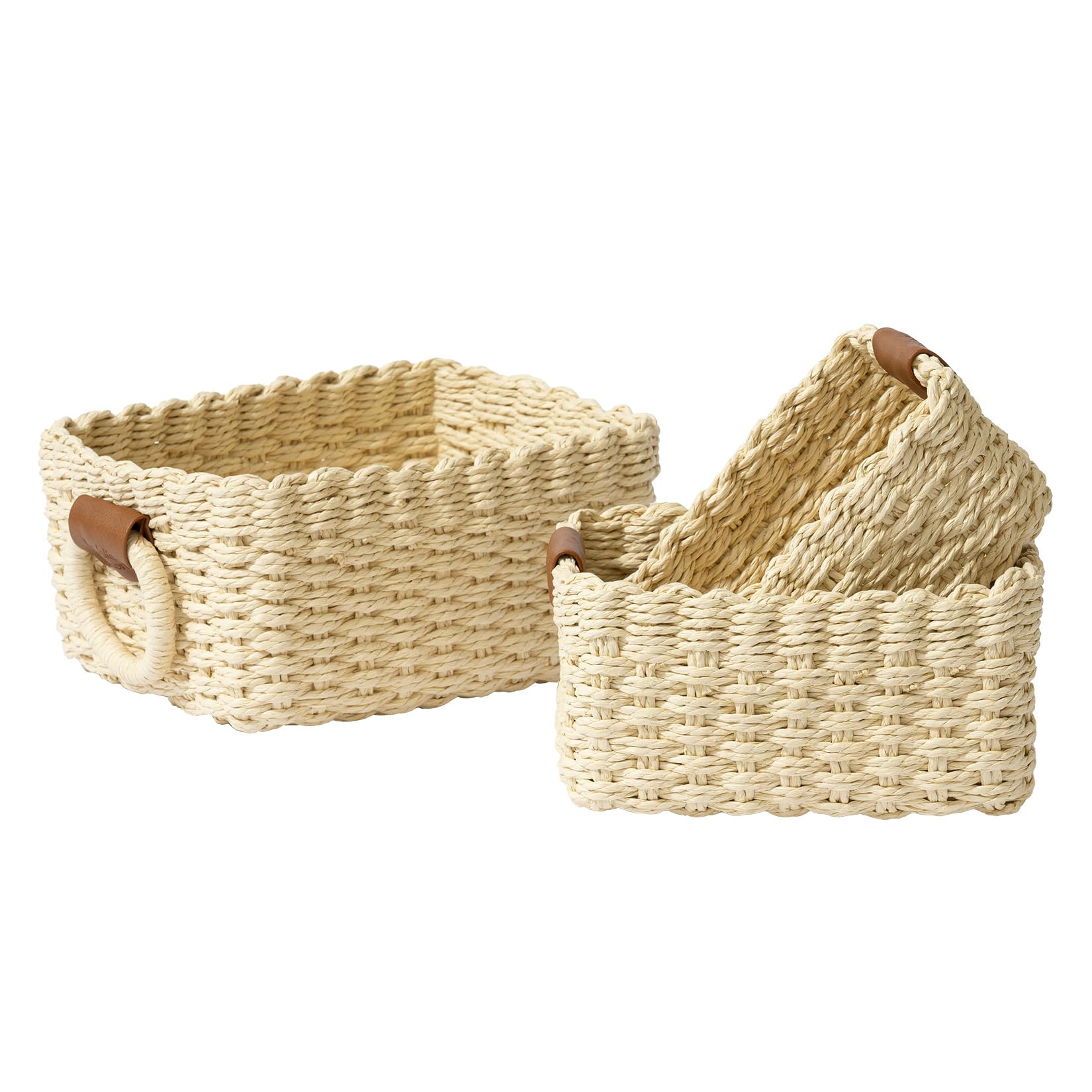 La Jolie Maison Small Beige Wicker Baskets Set Of 3, Paper Rope Storage Baskets With Handle, Small Woven Baskets For Organizing,