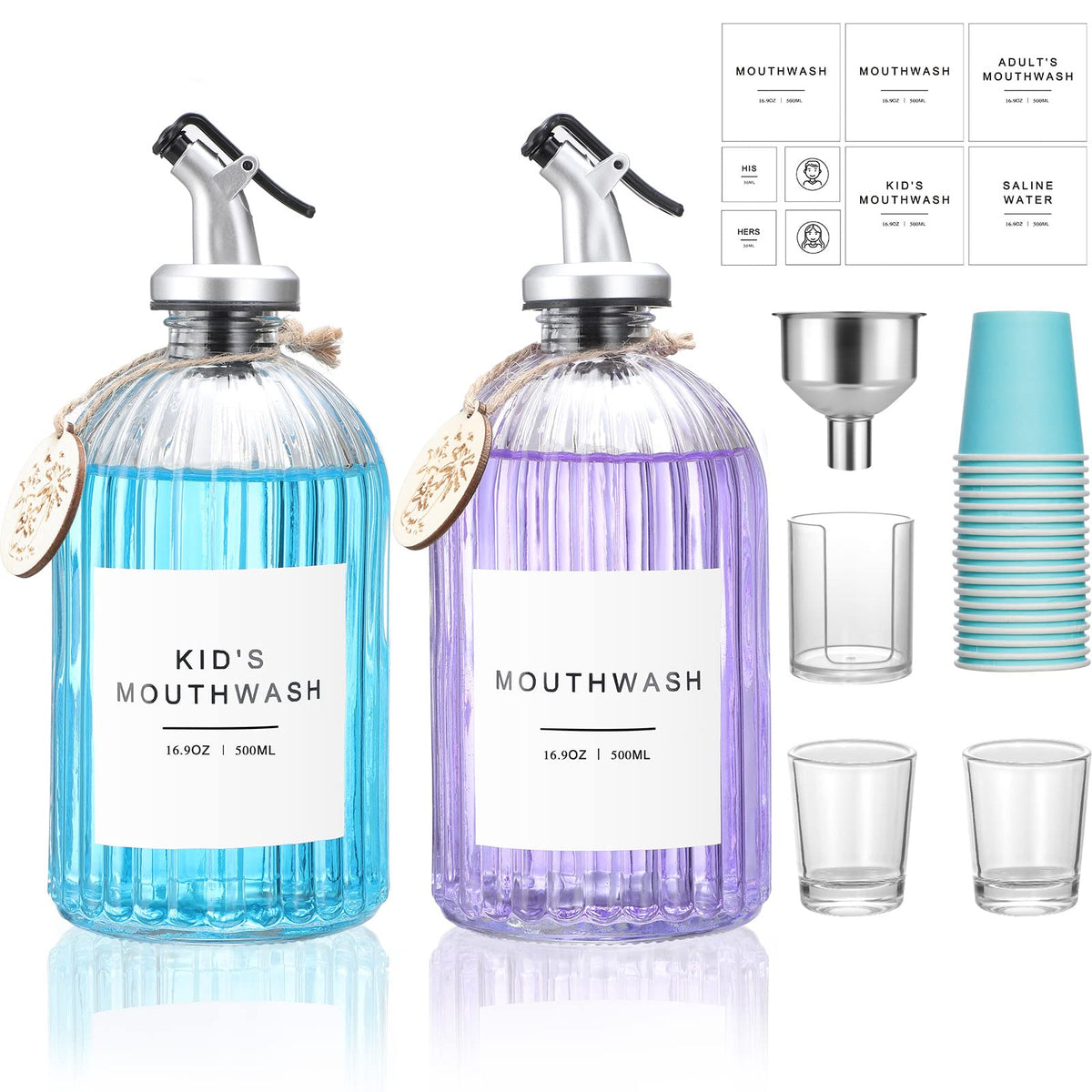 Glass Mouthwash Dispenser, 2 Pack 16.9Oz Glass Bottles With Pour Spouts, 2 Reusable, 21 Paper Cups With Holder, Funnel And Label