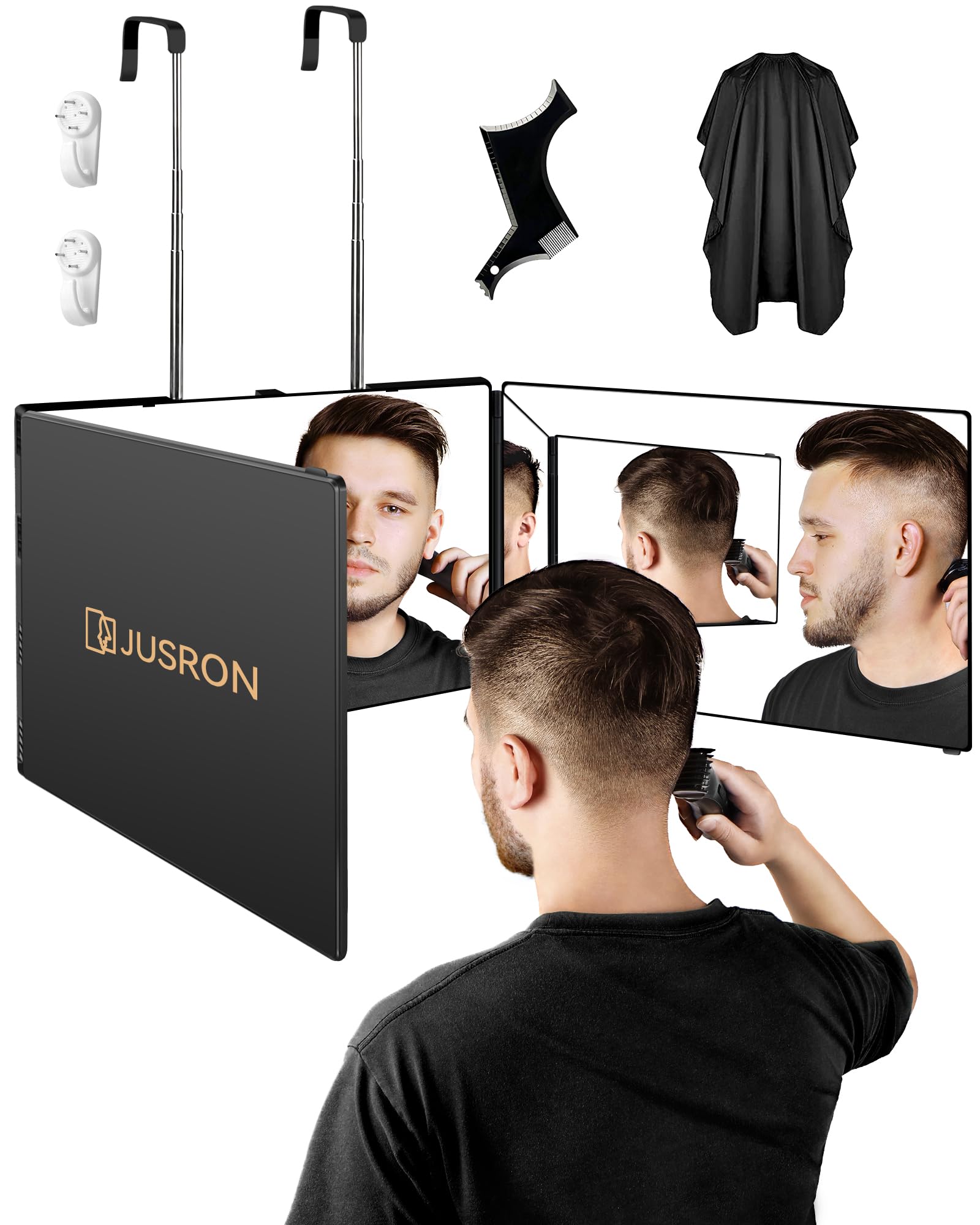 Jusron 3 Way Mirror For Hair Cutting, 360 Mirror With Height Adjustable Hooks For Door, Bathroom, Portable Trifold Shaving Barbe