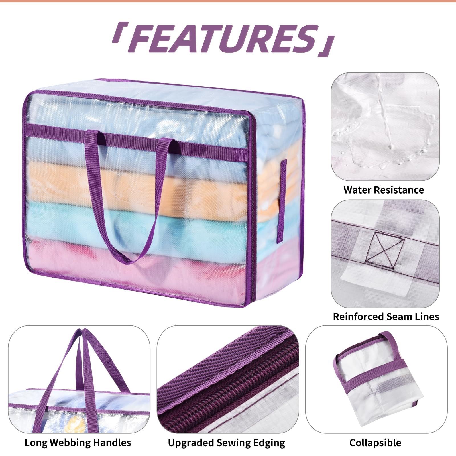 20 Gallon Large Clear Blanket Storage Bags for Bedding with Zipper Handles, 76L Oversized Comforter Storage Bag King Size, Foldi