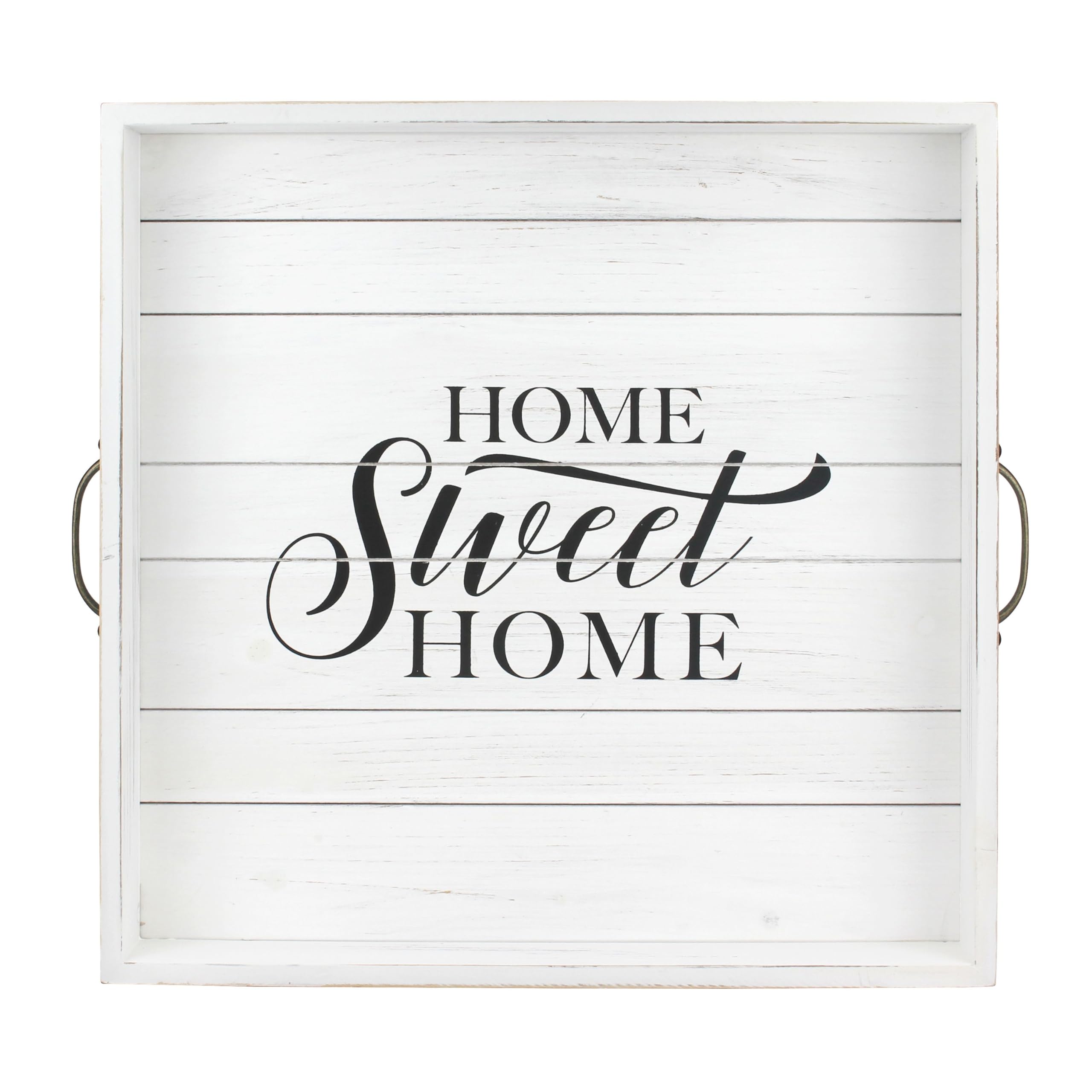 Stonebriar Square Worn White Home Sweet Home Decorative Wooden Tray With Metal Handles
