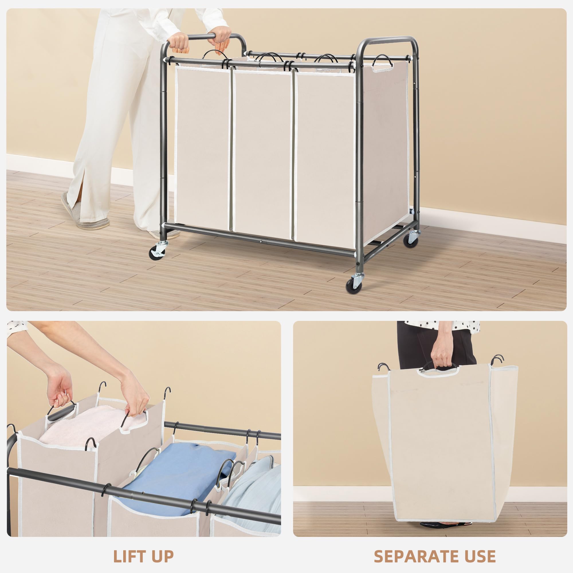 Storage Maniac 3 Section Laundry Sorter, 3 Bag Laundry Hamper Cart With Heavy Duty Rolling Lockable Wheels And Removable Bags, L