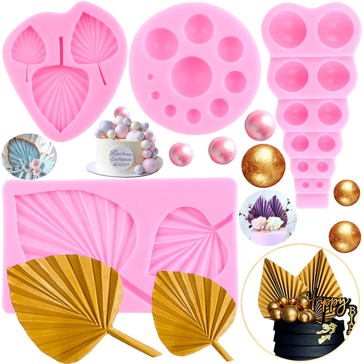 Mujiang Fan Leaf Silicone Mold Pearl Fondant Mold Ball Pearl Semi Sphere Chocolate Molds Tropical Palm Leaf Candy Mold For Cake