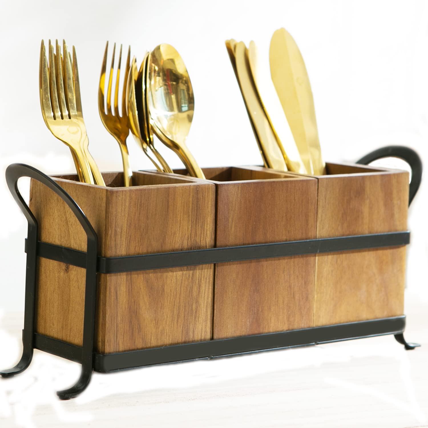NelyBet Utensil Caddy Silverware Cutlery Holder with 3 Compartment, Wooden Utensil Crock Flatware Organizers with Metal Tray, Ru