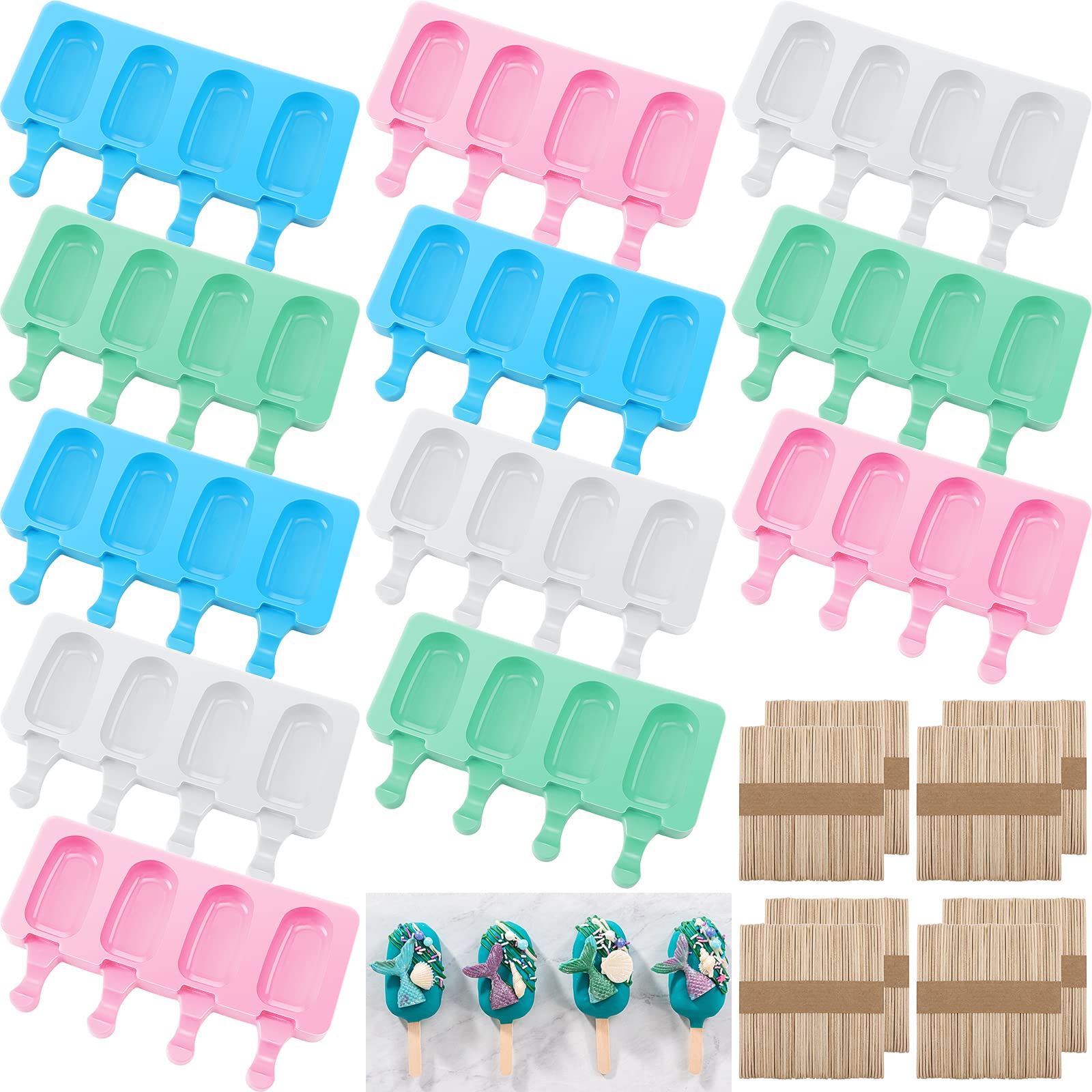 Irenare 12 Pcs Cakesicle Molds Set, 4 Cavities Ice Pop Mold Silicone Cake Pop Mold Ice Cream Molds Oval With 400 Wooden Sticks F