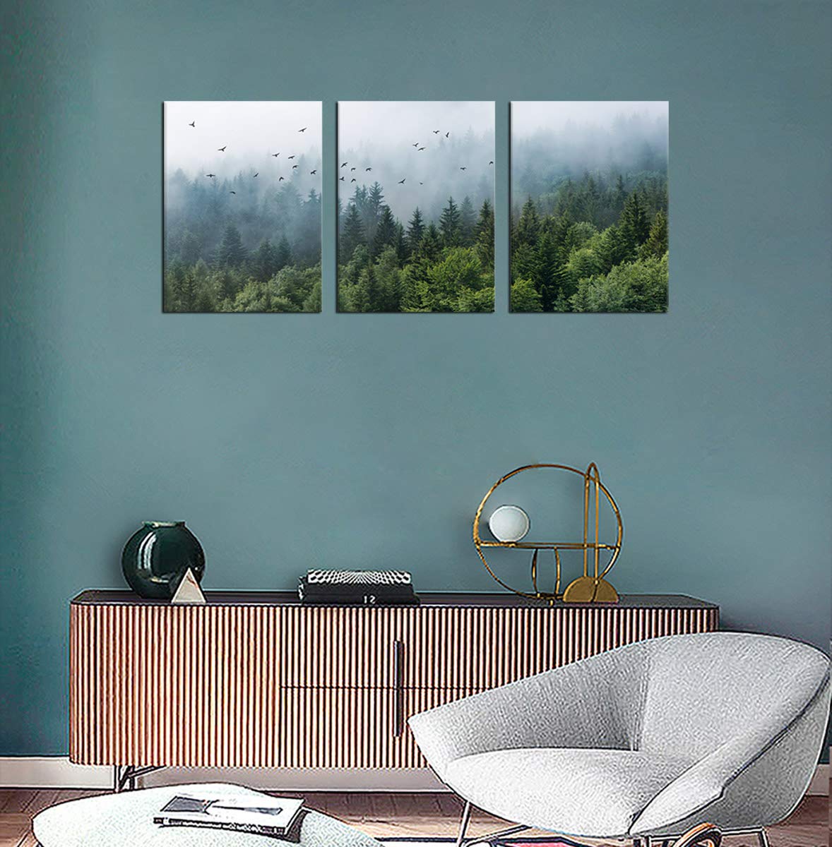 Green Forest Wall Art Tropical Foggy Forest Mountain Bird Contemporary Canvas Pictures Modern Artwork Framed For Bathroom Bedroo