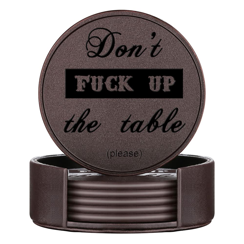 Funny Coasters, Thipoten Leather Coasters With Holder, Protect Furniture From Water Marks Scratch And Damage(6Pcs, Brown)