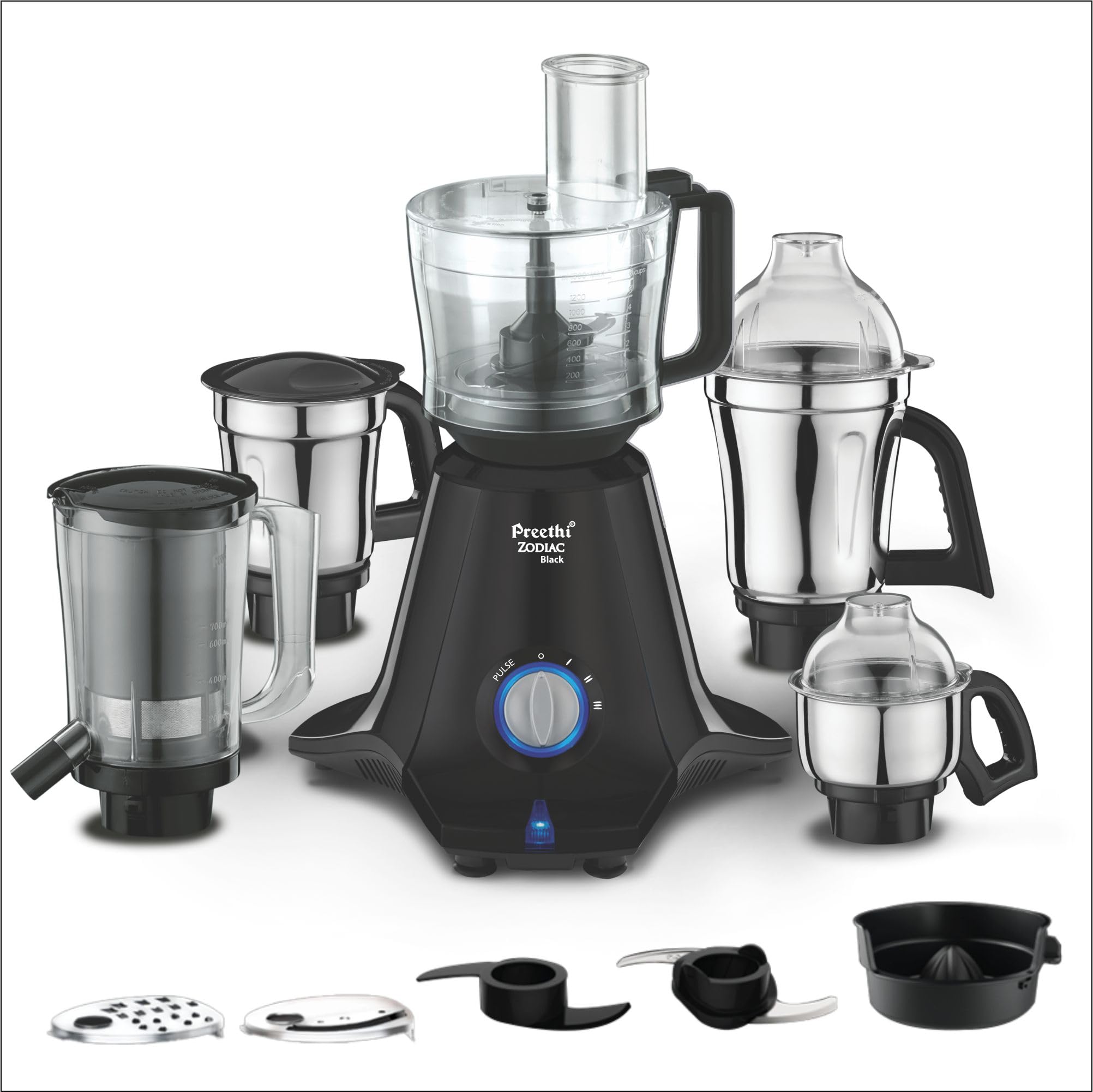Preethi Zodiac Black Mixer Grinder+Food Processor I 750 Watt I 2Yr Guarantee & Lifelong Free Service I 5 Jars- Chutney, Dry Grin