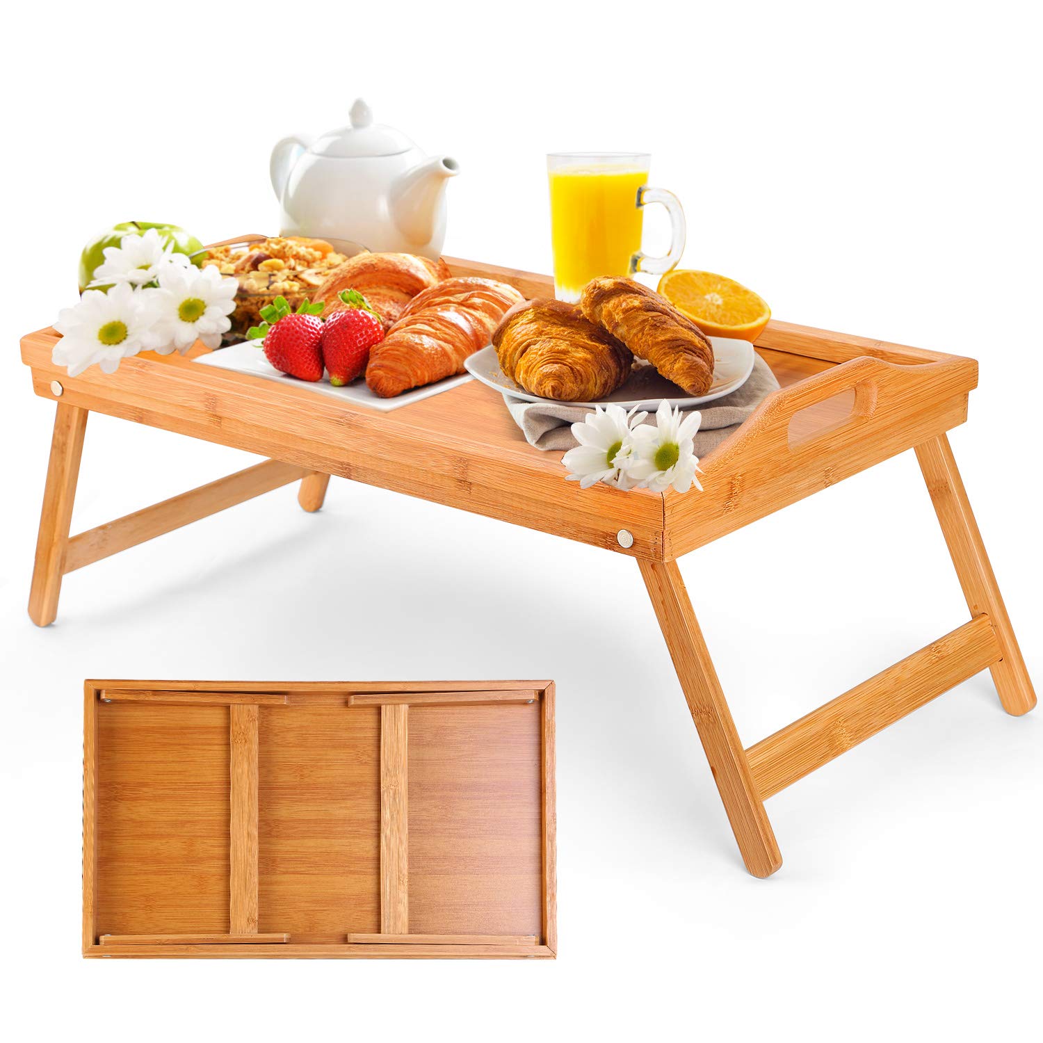 Moclever Breakfast Tray Table With Folding Legs - Serving Tray Bamboo - Dinner Trays, Tea Tray, Bar Tray, Bed Trays For Eating O