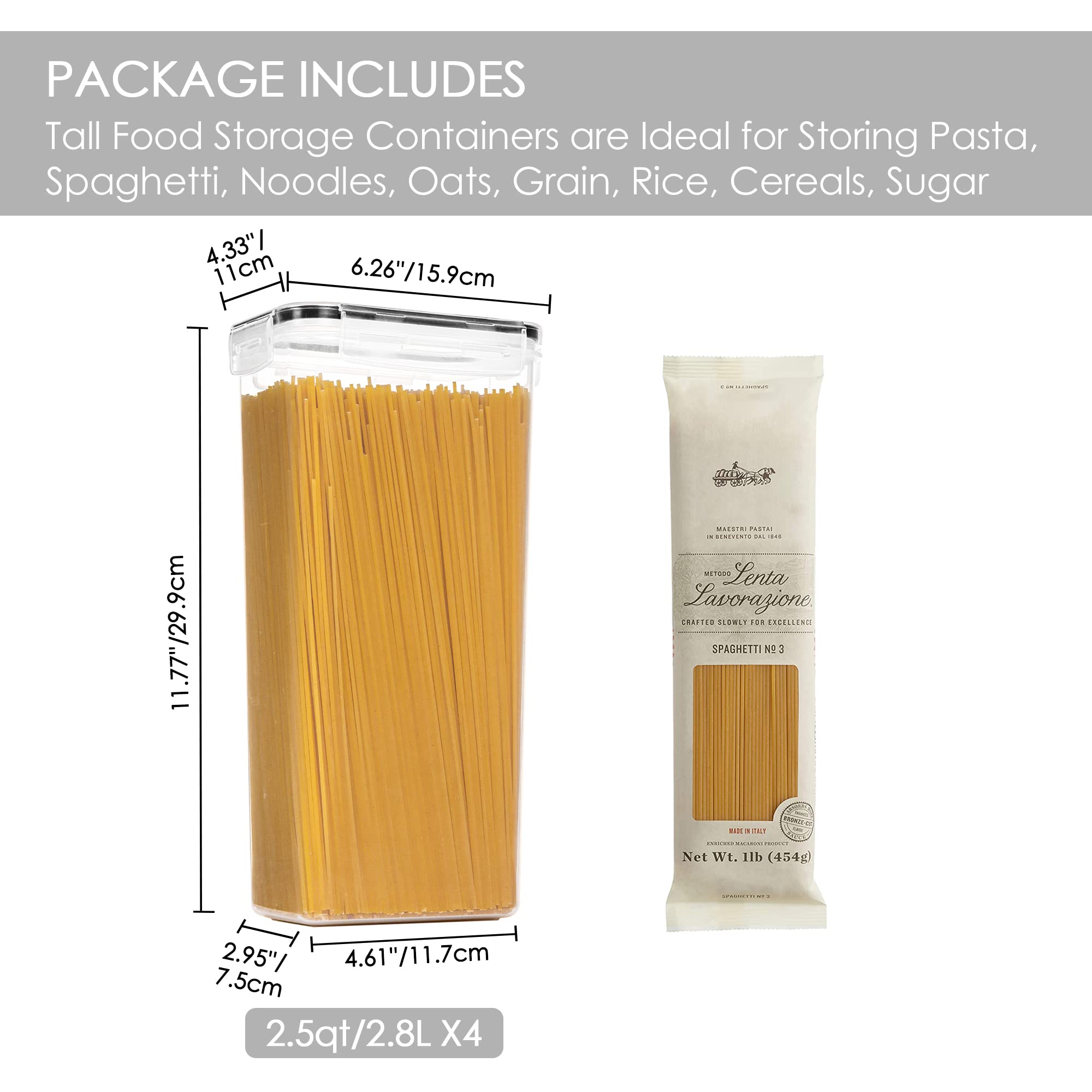 Vtopmart 4Pc Airtight Pasta Storage Containers, 2.8L, Bpa Free, Black