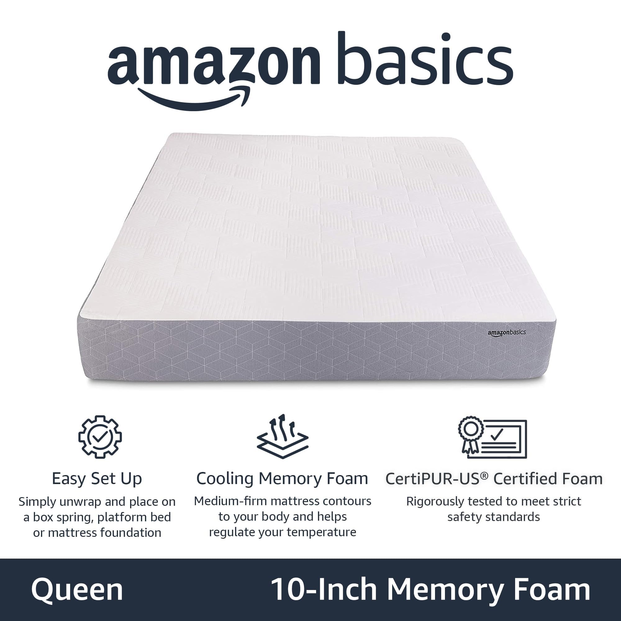 Amazon Basics Memory Foam Mattress, Medium Firm, Cooling Gel, Queen Size Mattress, Certipur-Us Certified Foam, 80 X 60 X 10 Inch