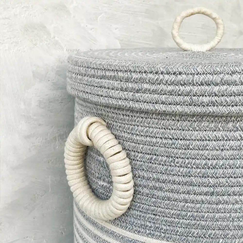 Nobbys Cotton Laundry Basket with Lid and Bottom Spacers - Pastel Blue - (14D x 18H) (2024 Edition)