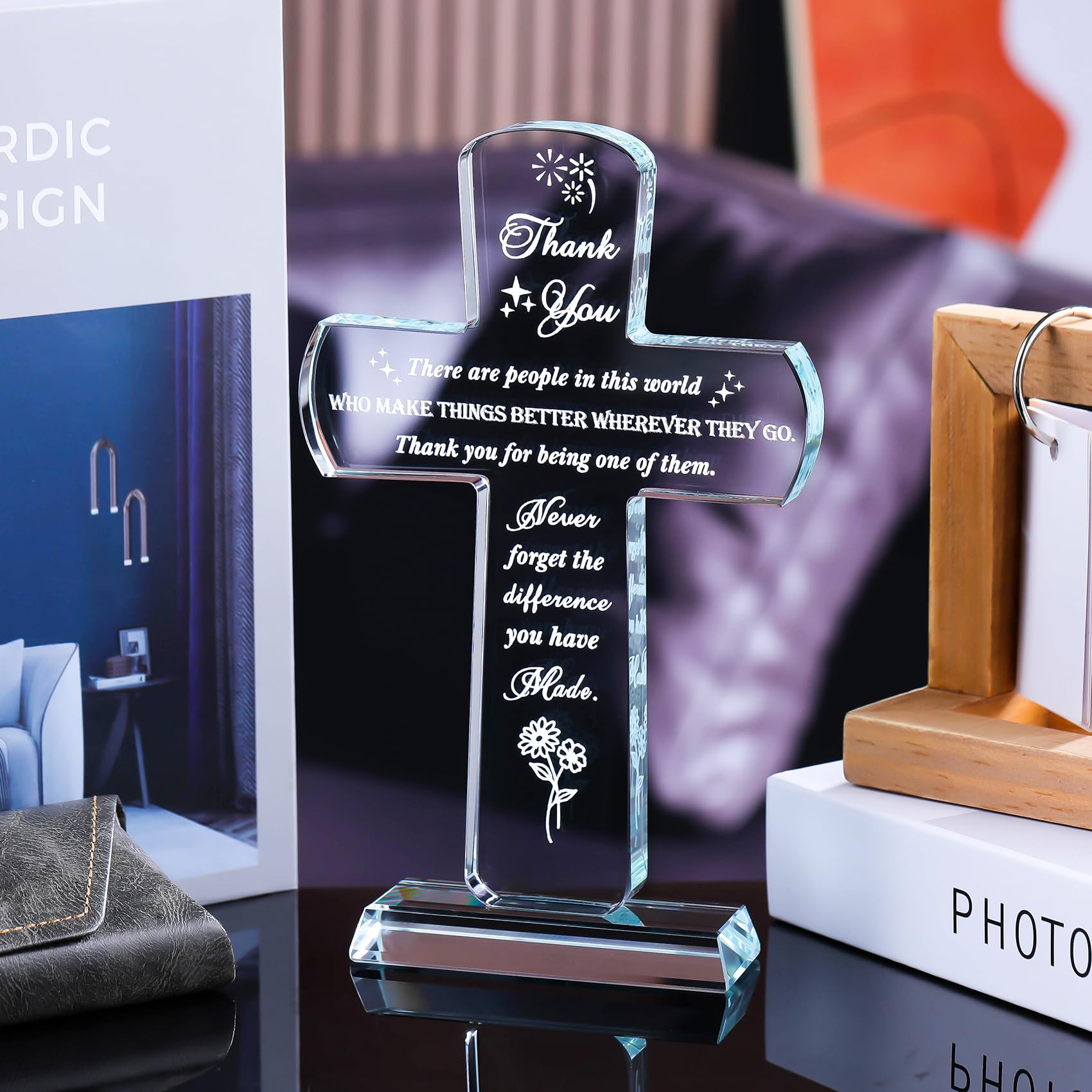 Movdyka Thank You Gifts for Women Men - Engraved Crystal Cross-Shaped Plaque Decor - Appreciation Inspirational Gift for Coworke