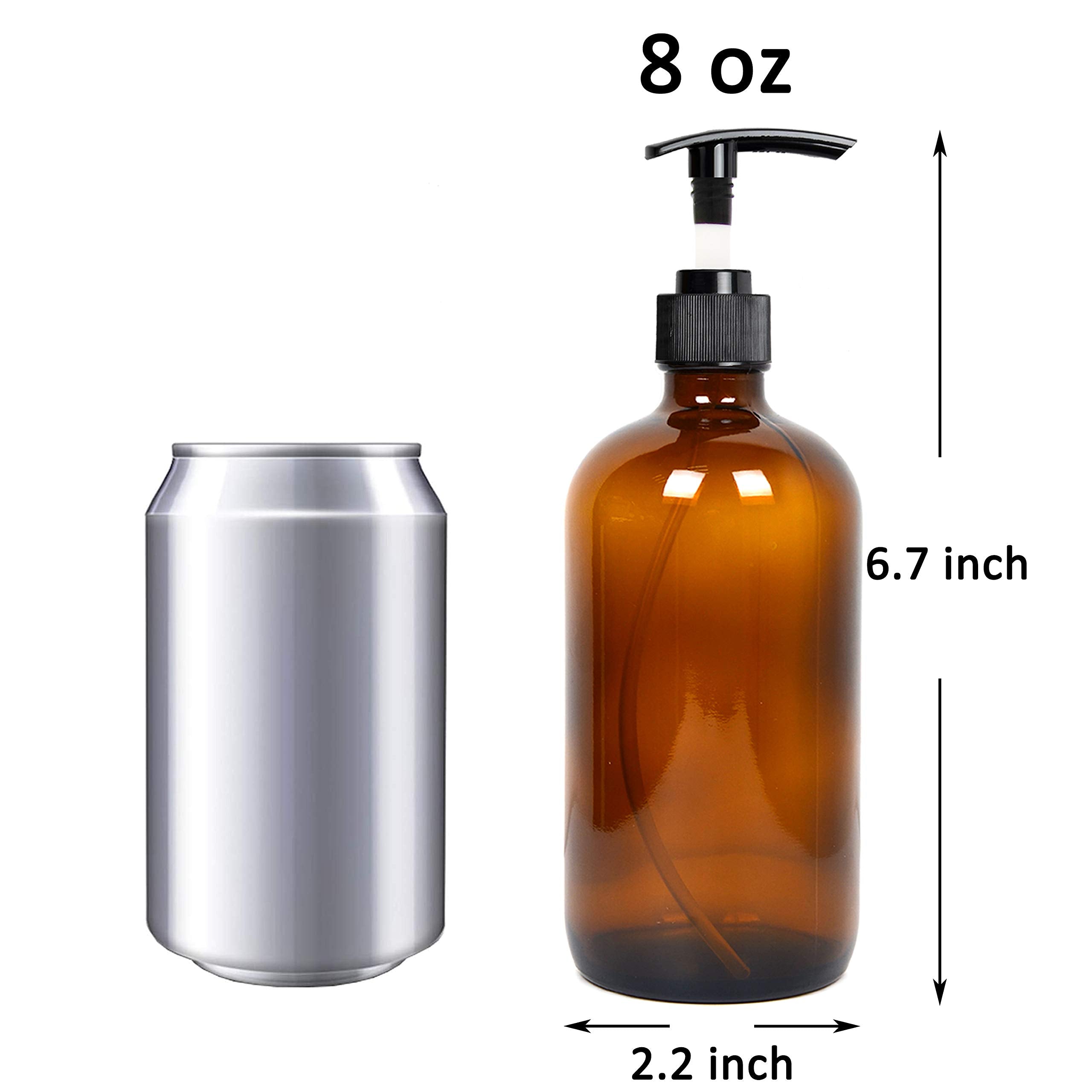 Youngever 5 Pack Empty Amber Glass Pump Bottles, 8 Ounce Lotion Pump Bottles, Soap Dispenser, Refillable Containers, Durable Bla