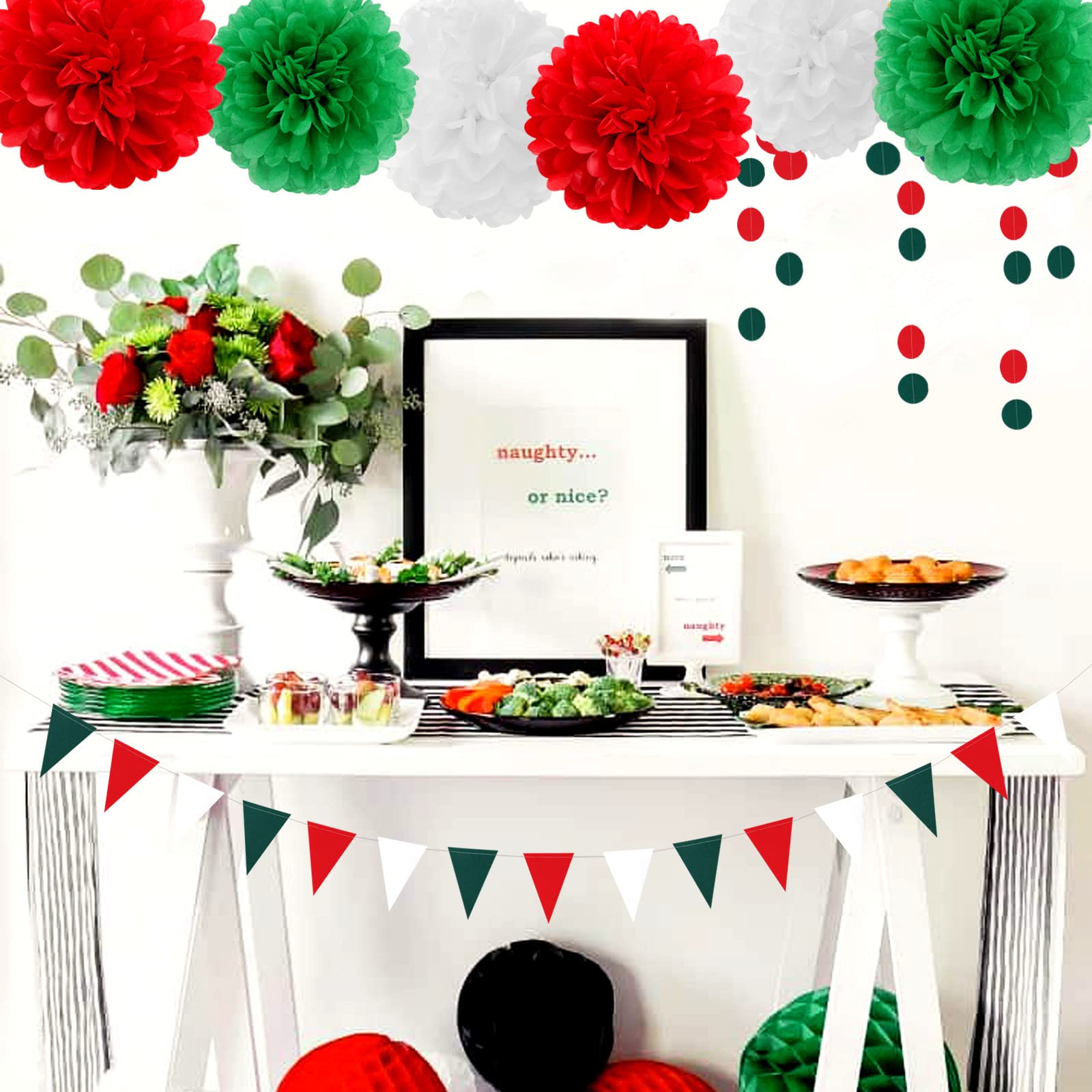 Red-Green White Christmas In July Party-Decorations - 23Pcs Mexico Italy Tissue Pom Poms Streamers,Tassel Garland Banner,Mexican