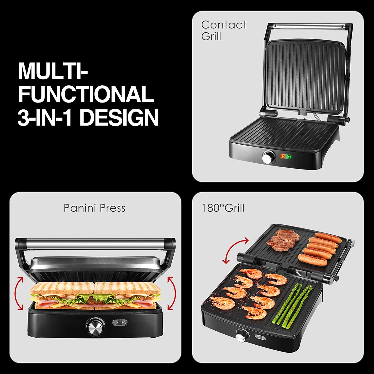 Ostba Panini Press Grill Indoor Sandwich Maker With Temperature Setting, 4 Slice Large Non-Stick Versatile Grill, Opens 180 Degr